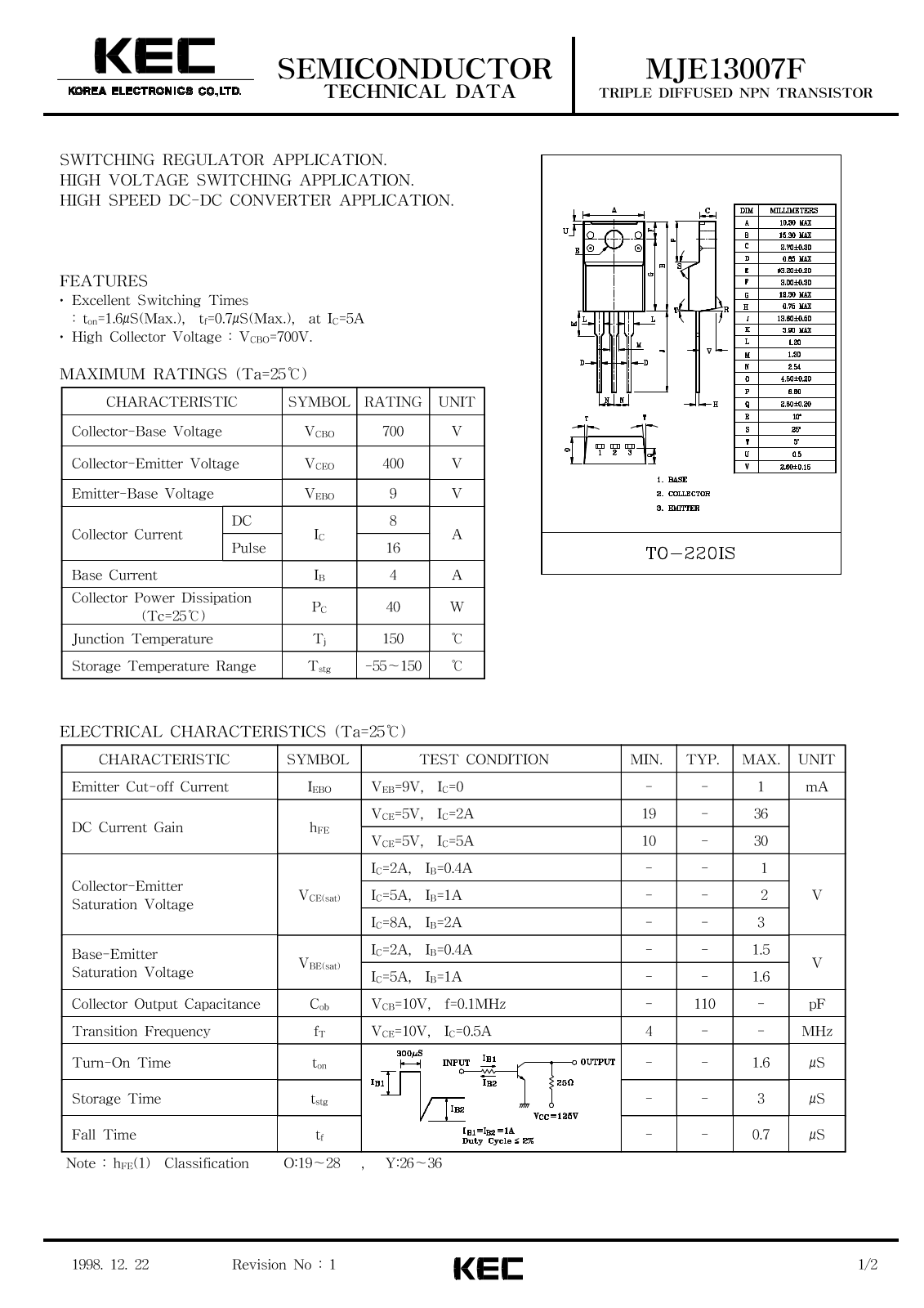 KEC MJE13007F Datasheet