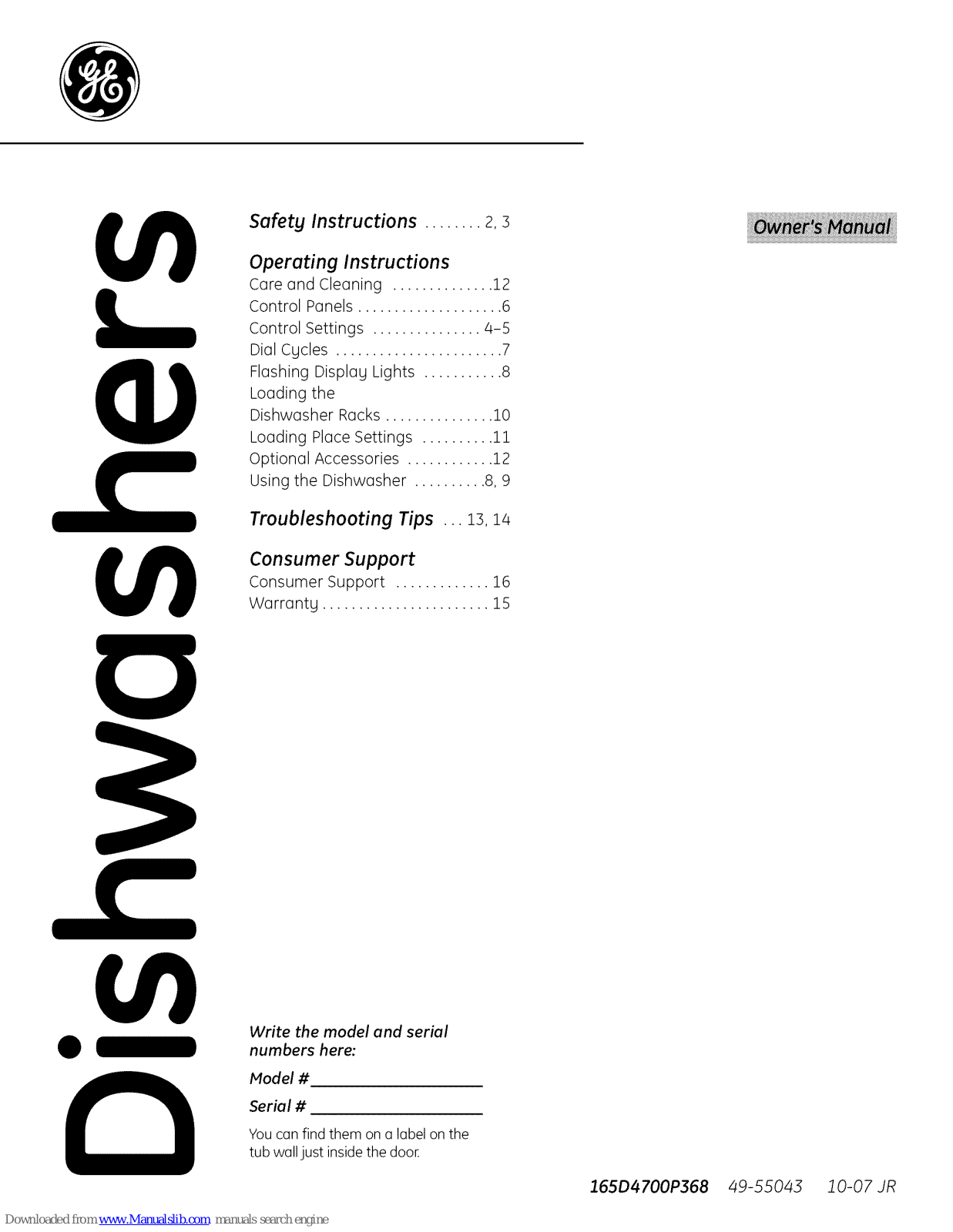 GE GSM2200N, GSD1100, ADW1100, GSD1300, GSD2100 User Manual - ManualMachine.com