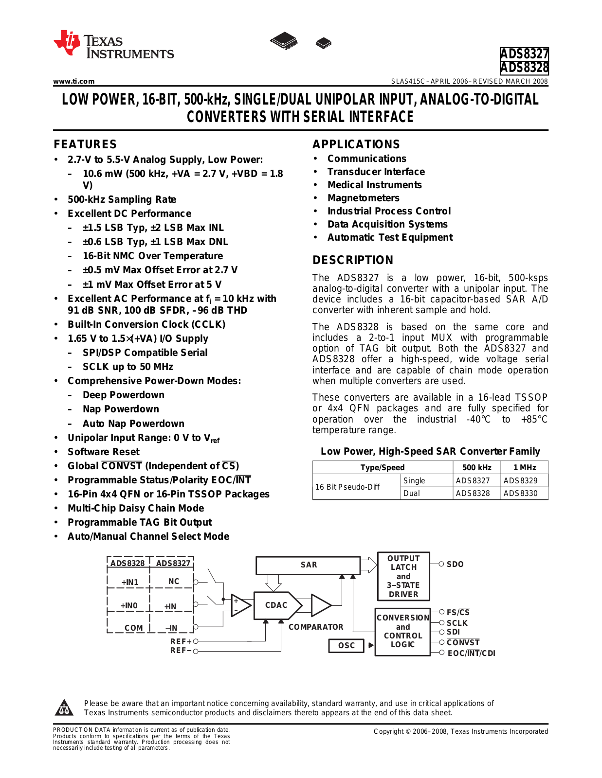 TEXAS INSTRUMENTS ADS8327, ADS8328 Technical data