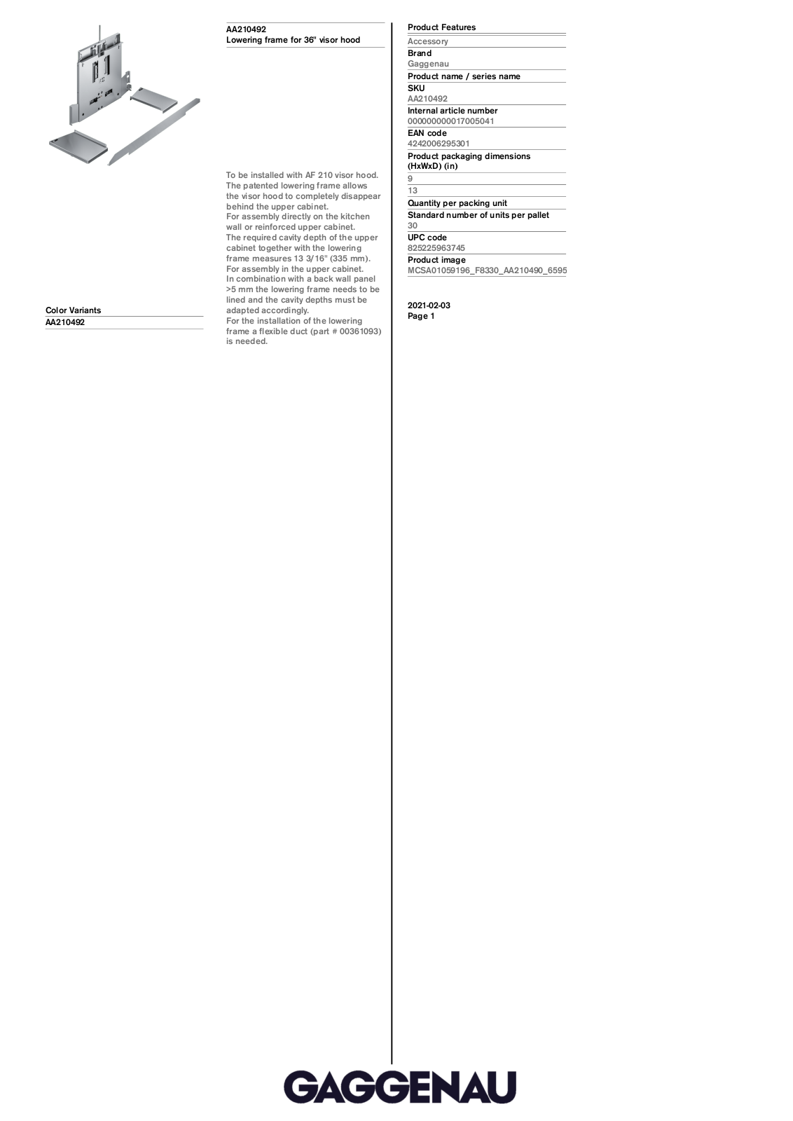 Gaggenau AA210492 PRODUCT SPECIFICATIONS