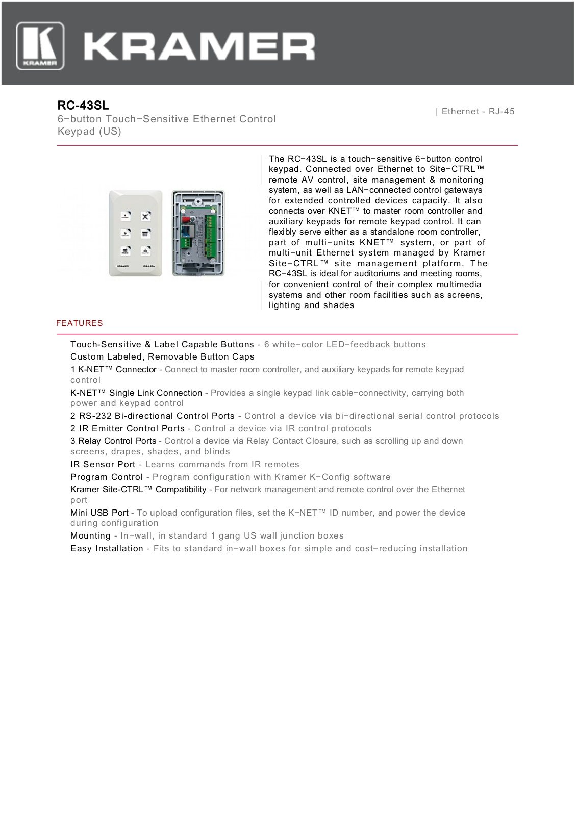 Kramer RC-43SL Datasheet