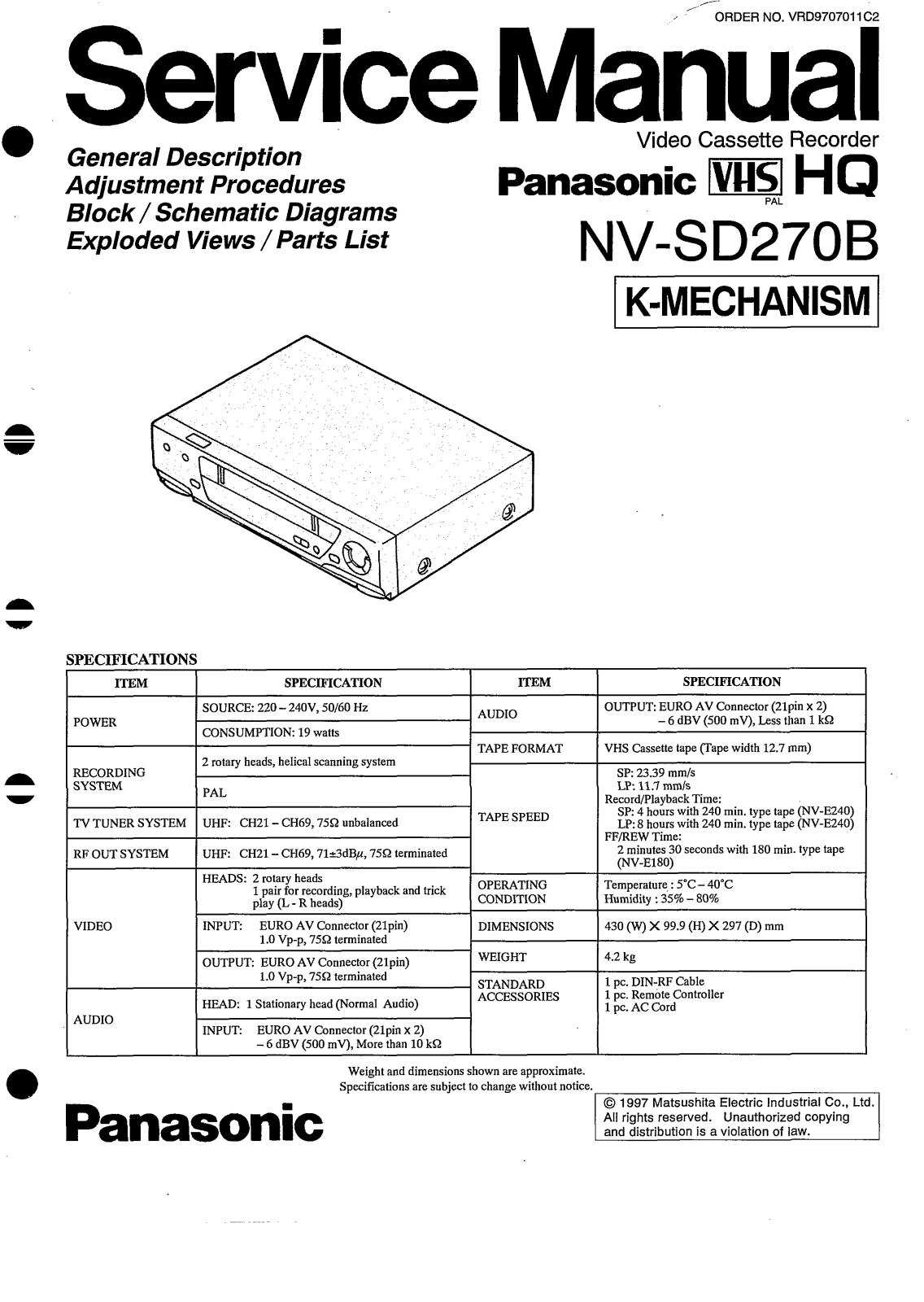 PANASONIC NV-SD270b Service Manual