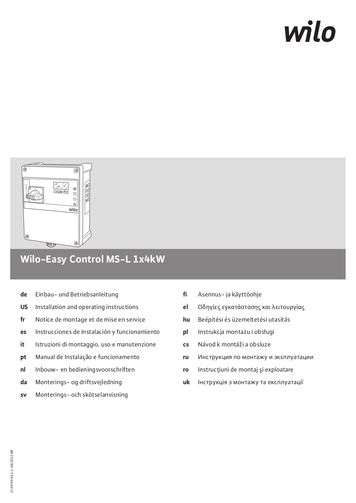 Wilo Easy Control MS-L 1x4kW Installation And Operating Instructions Manual