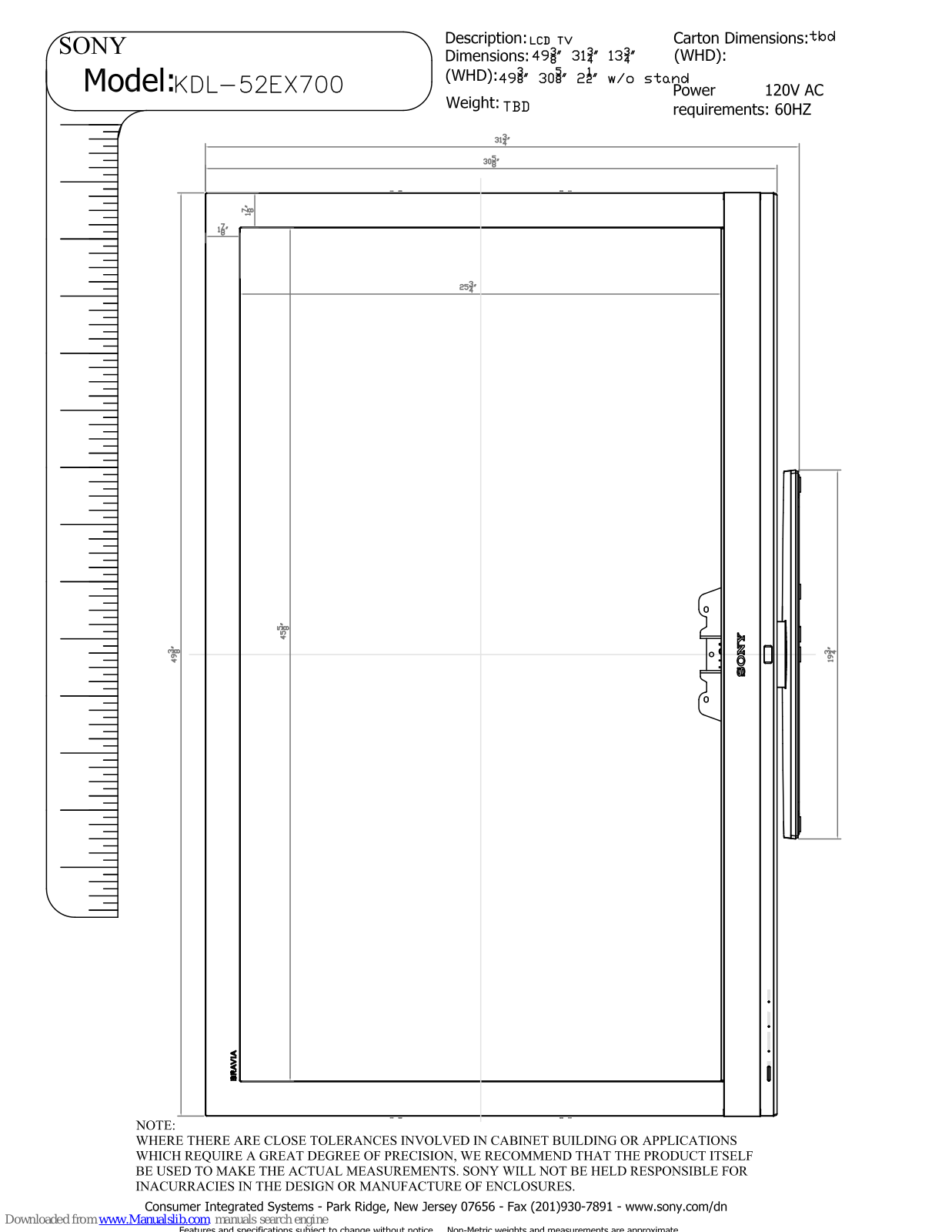 Sony KDL-52EX700 - Bravia Ex Series Lcd Television Dimensions