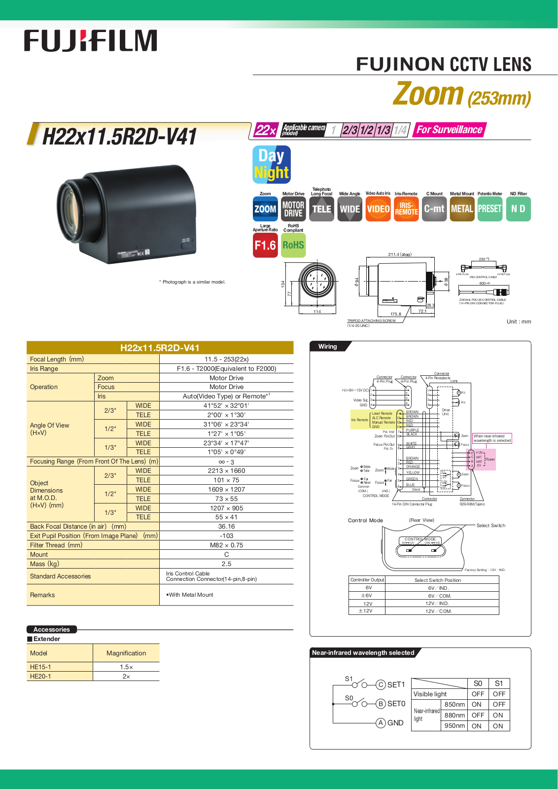 Fujinon H22x11.5R2D-V41 Specsheet