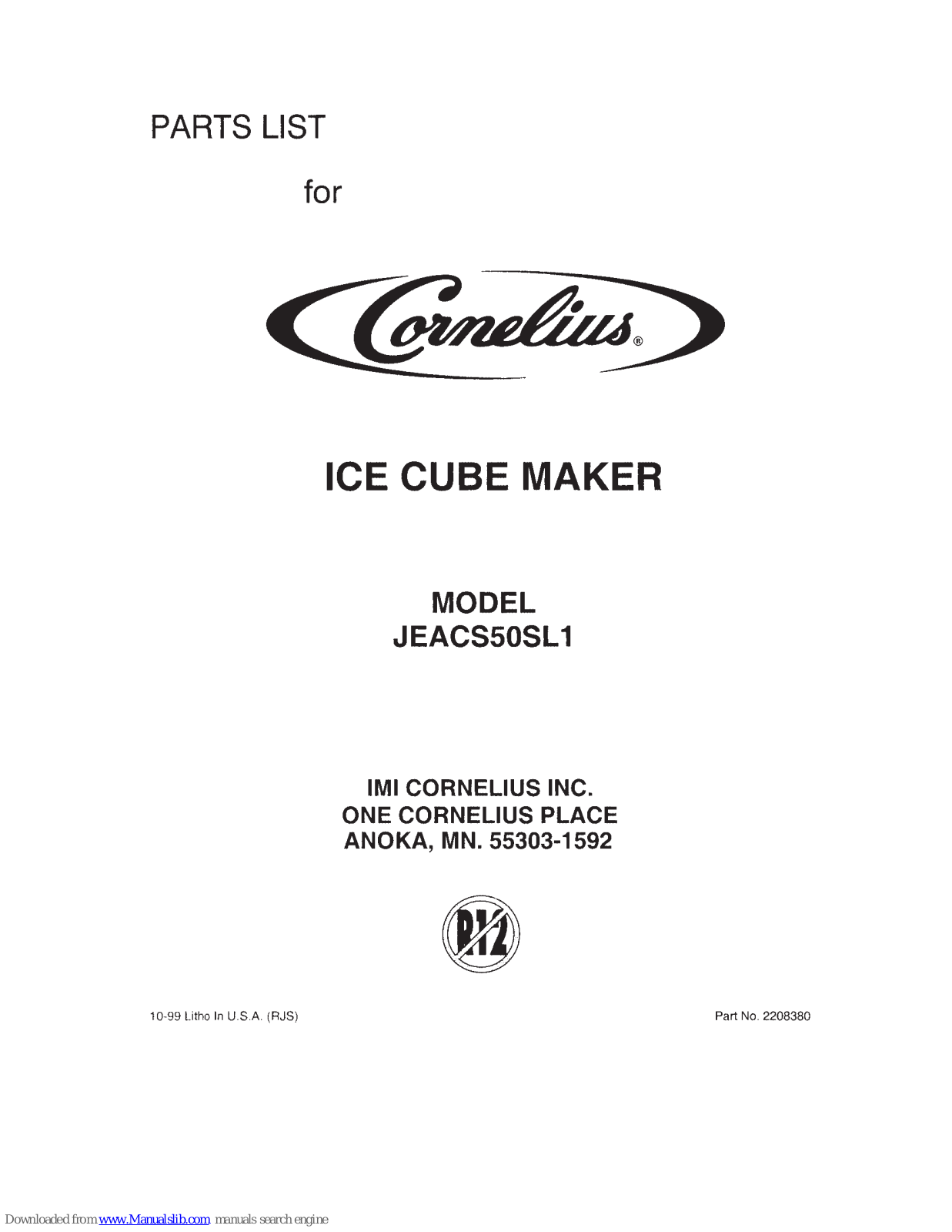 Cornelius Ice Cube Maker JEACS50SL1 Parts List