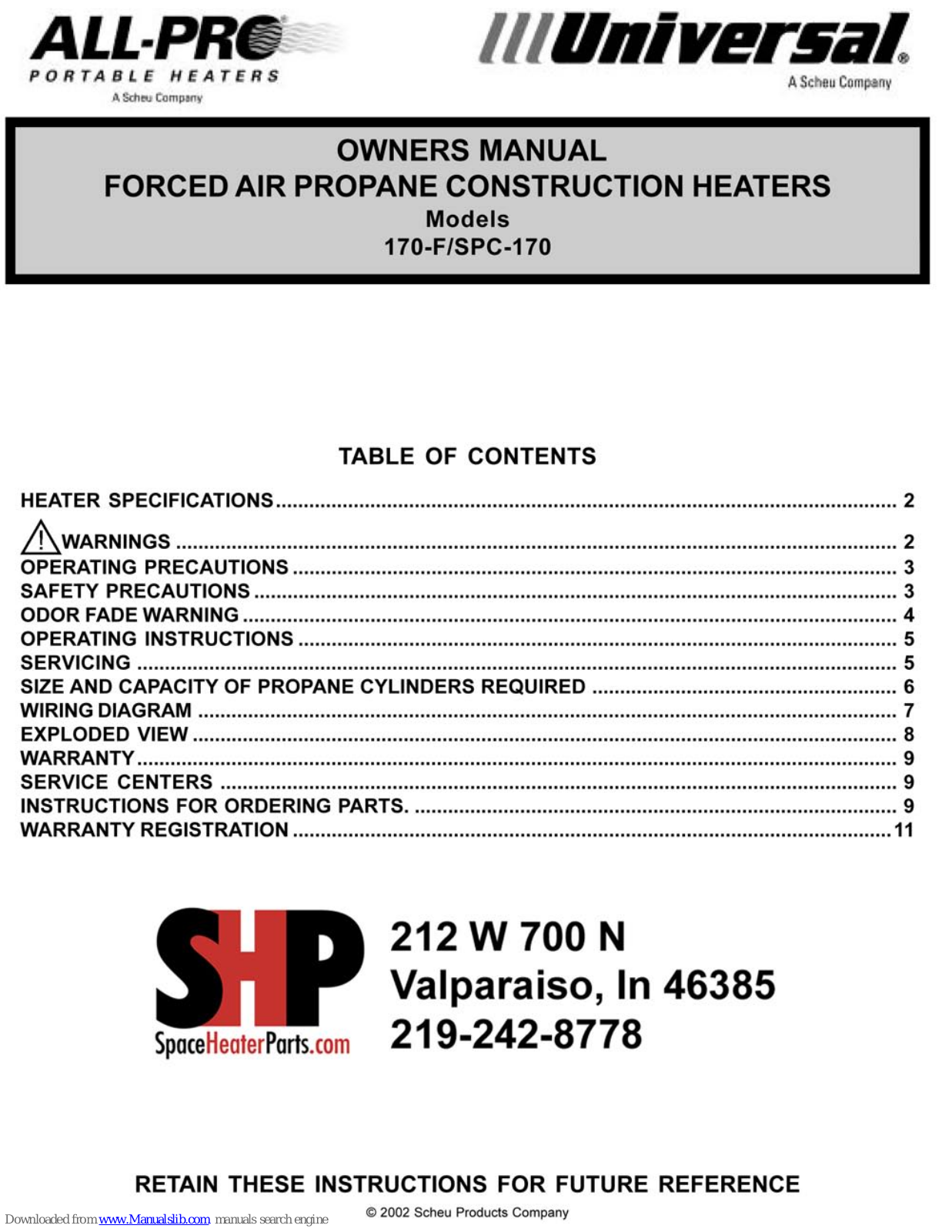 Universal 170-F, SPC-170 Owner's Manual