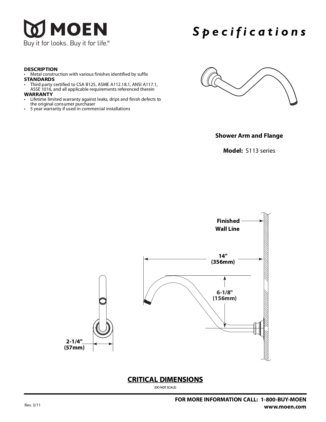 Moen S113 Specs