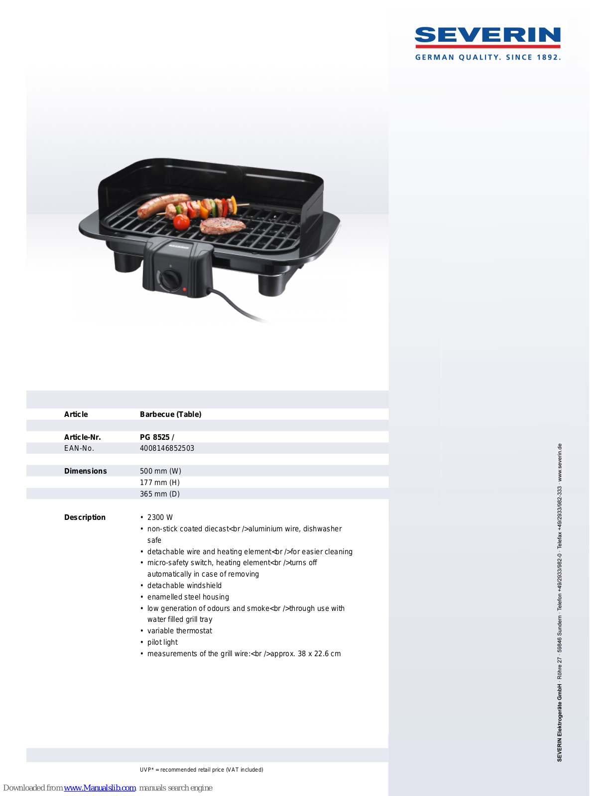 SEVERIN BARBECUE-GRILL PG 8525,PG 8525 Dimensions