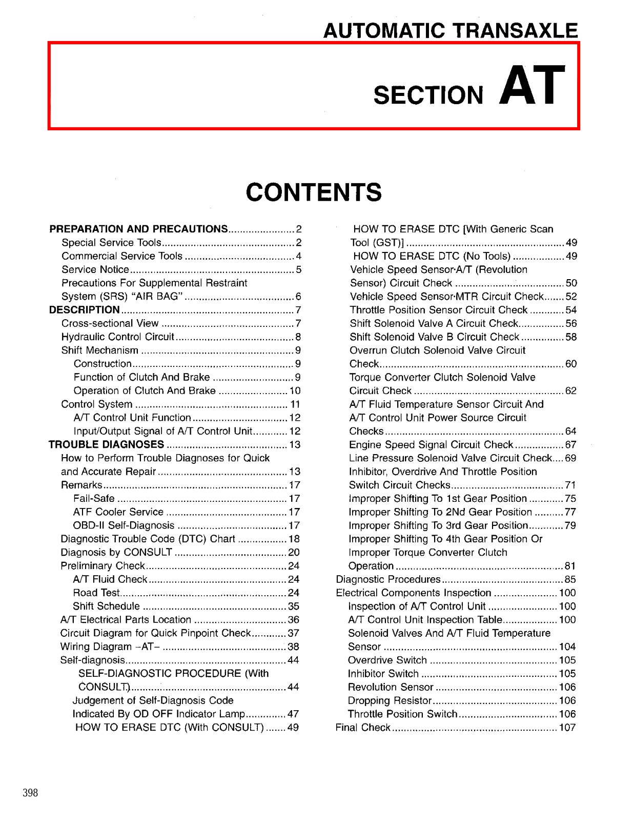 Nissan Quest Automatic Transmission  AT 1996 Owner's Manual