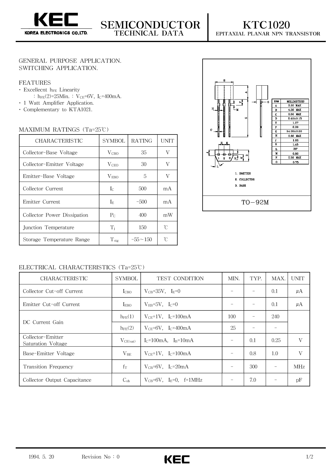 KEC KTC1020 Datasheet