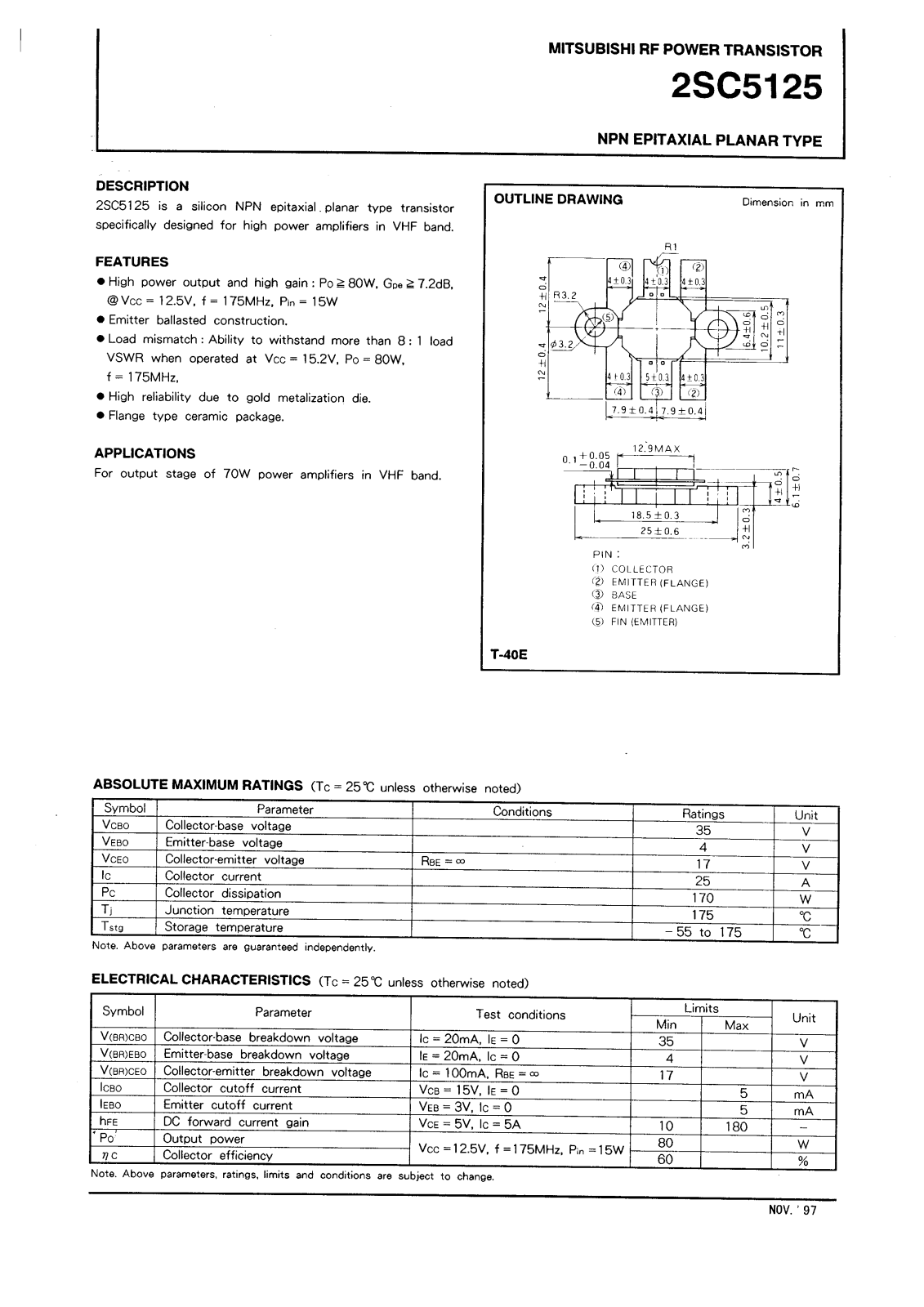 Mitsubishi Electric Corporation Semiconductor Group 2SC5125 Datasheet