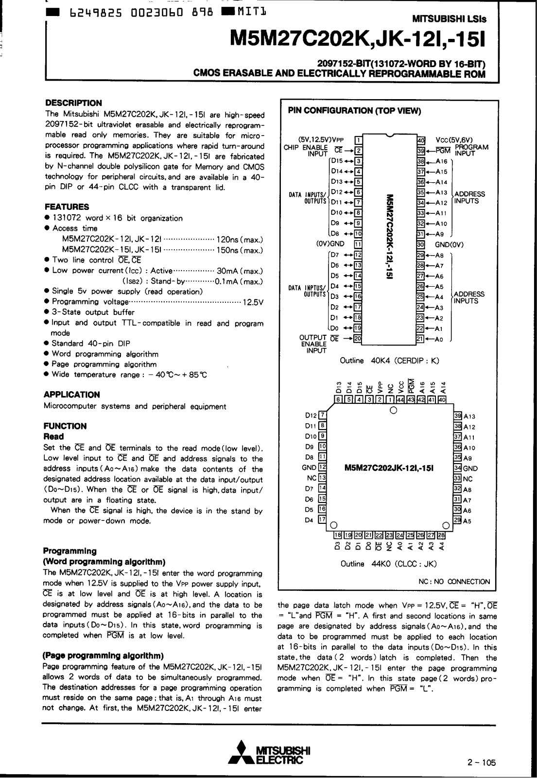 Mitsubishi M5M27C202K-15I, M5M27C202K-12I, M5M27C202JK-15I, M5M27C202JK-12I Datasheet