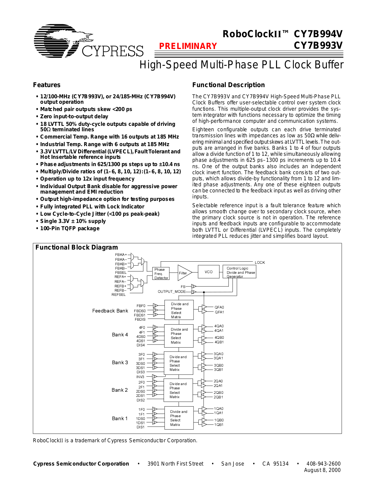 Cypress Semiconductor CY7B994V-7AC, CY7B994V-5AI, CY7B994V-5AC, CY7B993V-7AC, CY7B993V-5AI Datasheet