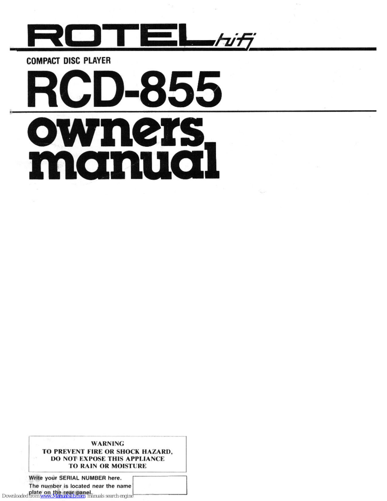 Rotel Compact Disc Player RCD-855 Owner's Manual