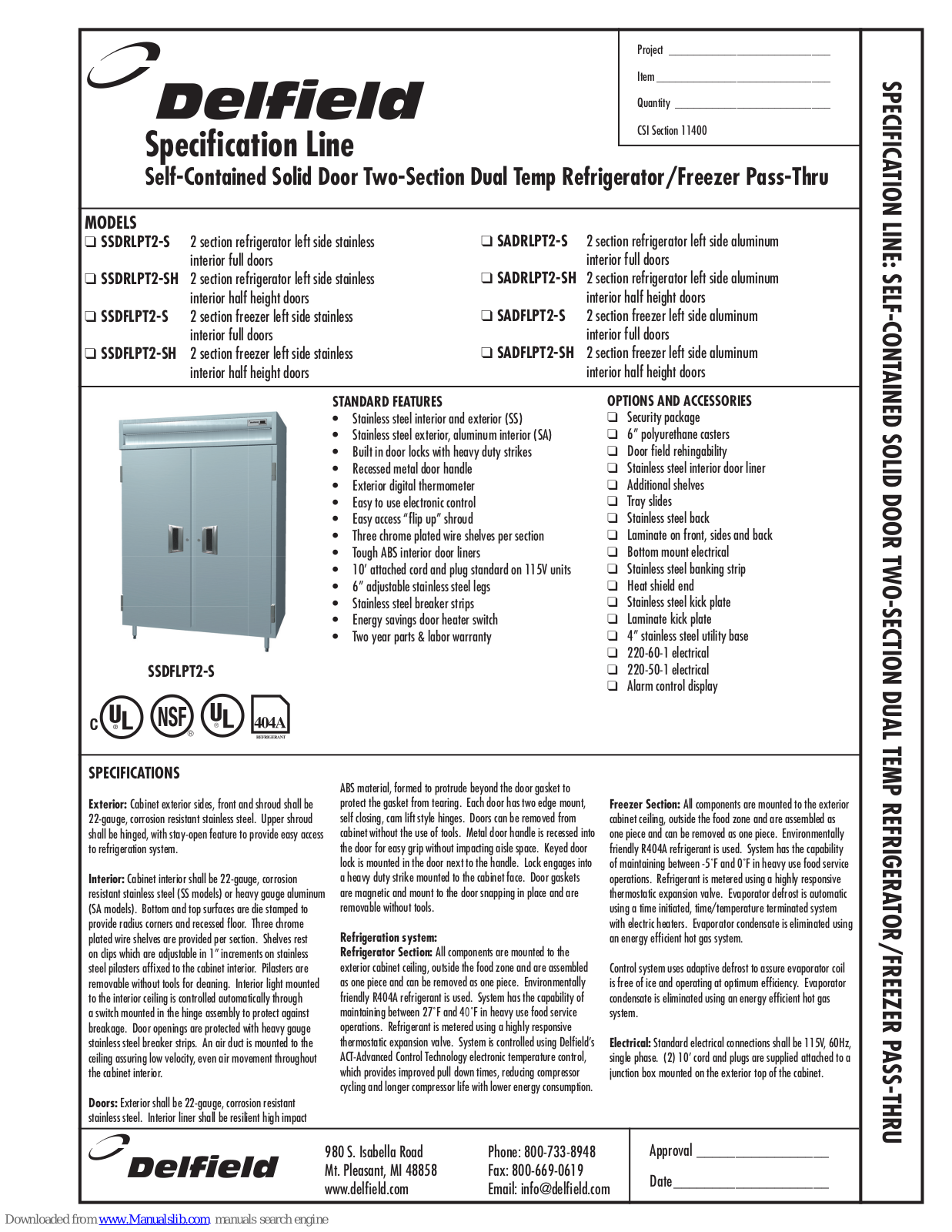 Delfield SADFLPT2-S, SADFLPT2-SH, SADRLPT2-S, SADRLPT2-SH, SSDFLPT2-S Specifications