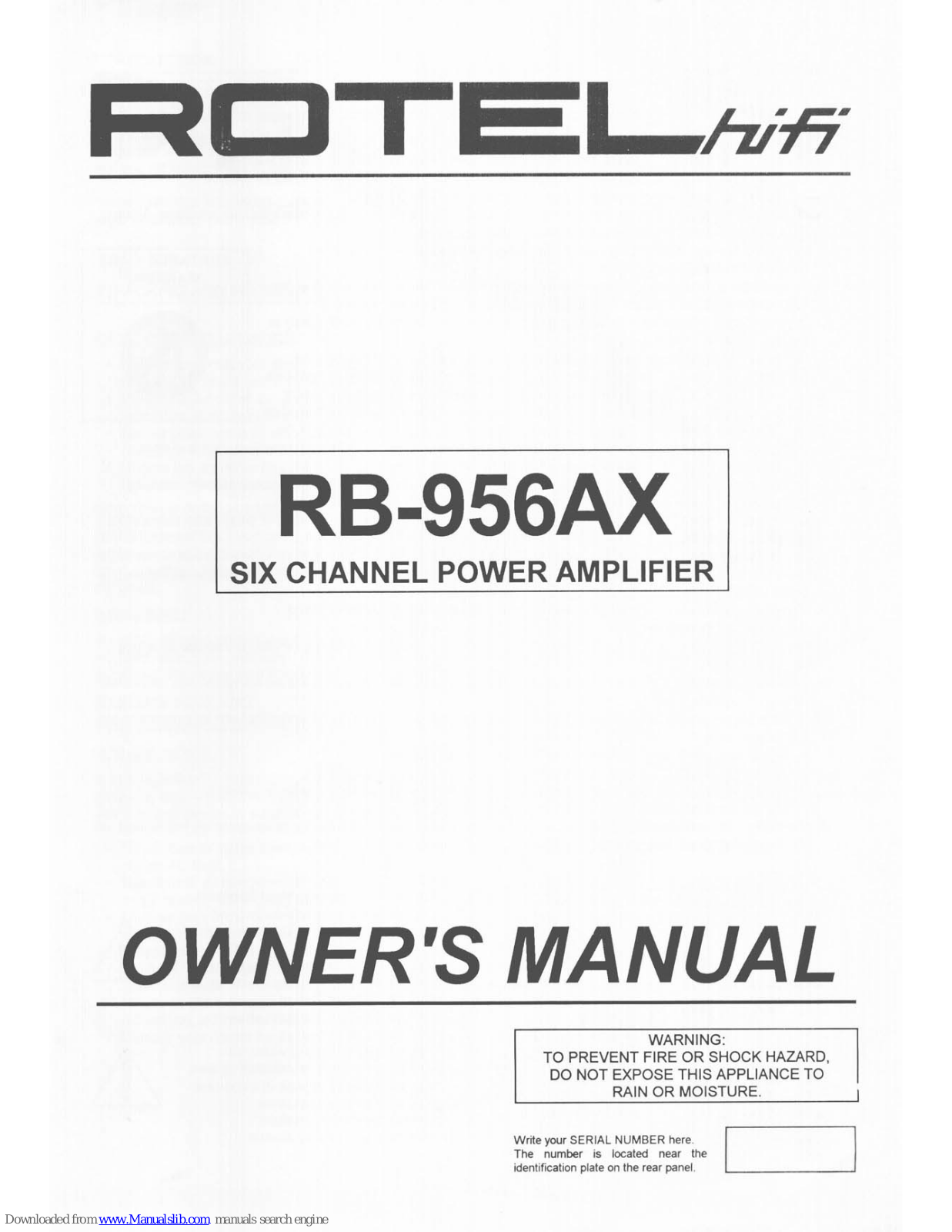 Rotel Six Channel Power Amplifier RB-956AX Owner's Manual