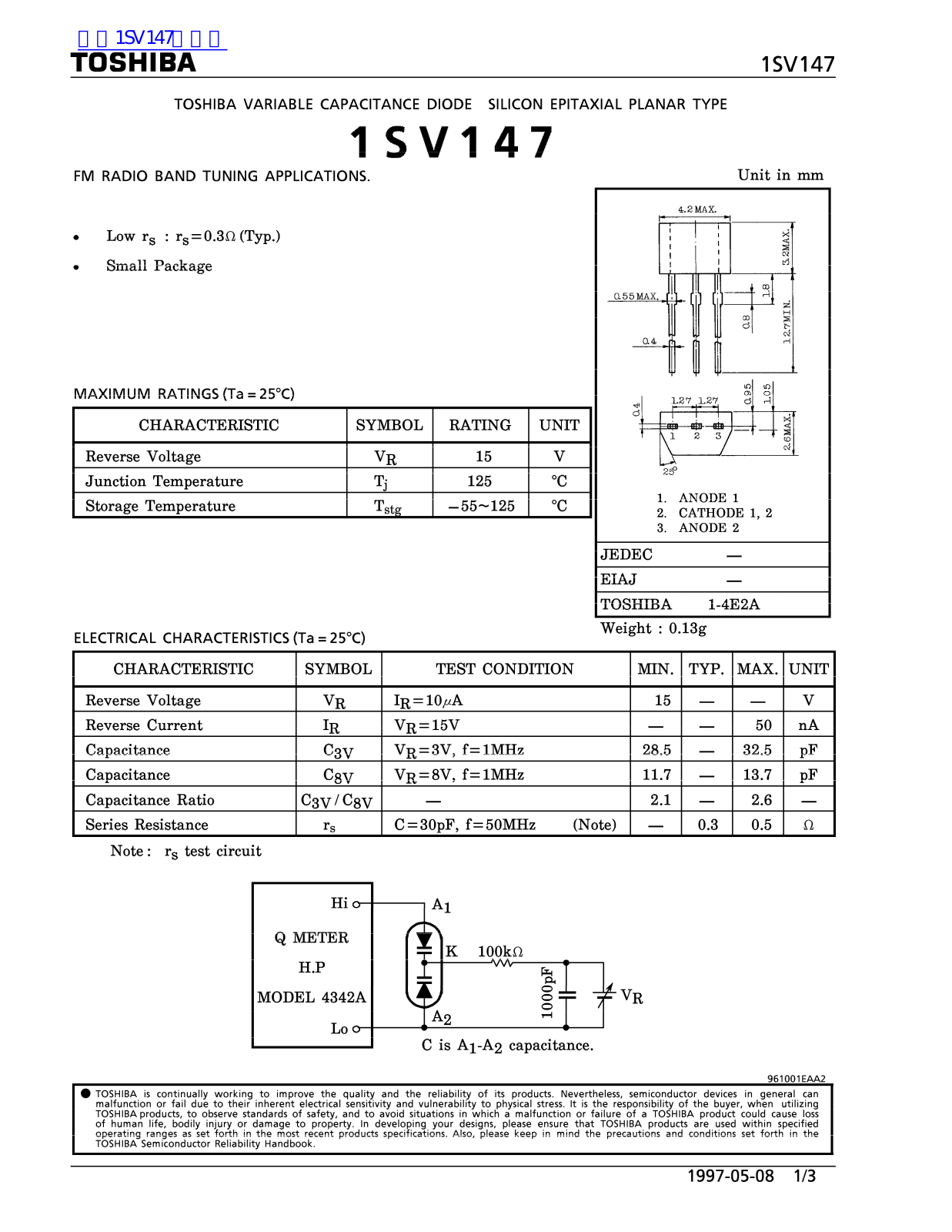 TOSHIBA 1SV147 Technical data