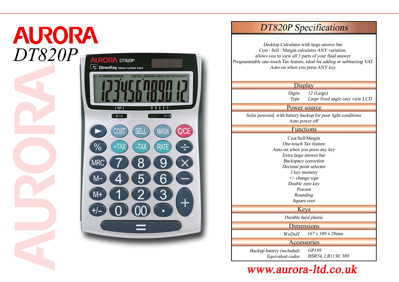 Aurora DT820, DT820P Specifications - ManualMachine.com