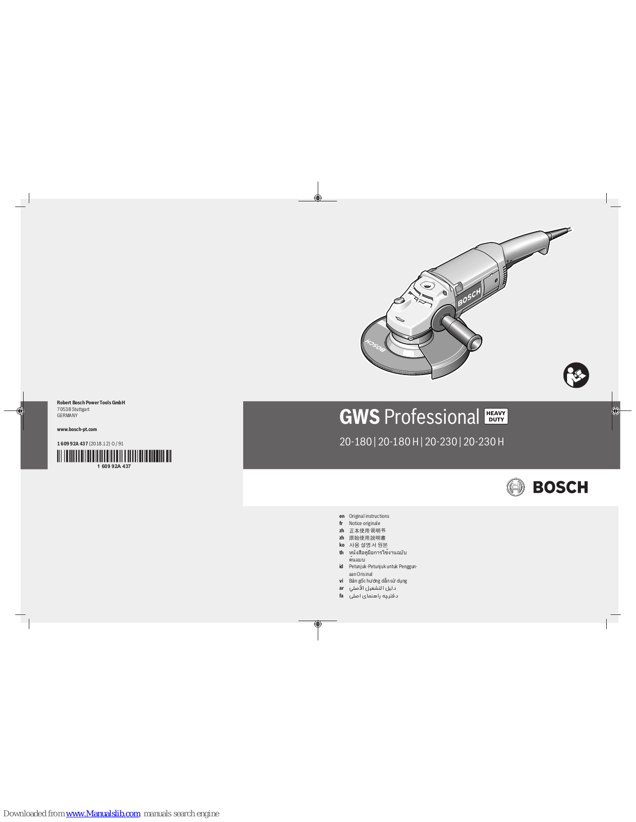 Bosch GWS 20-180 Professional, GWS 20-180 H Professional, GWS 20-230 H Professional, GWS 20-230 Professional, GWS 24-230 Professional Original Instructions Manual