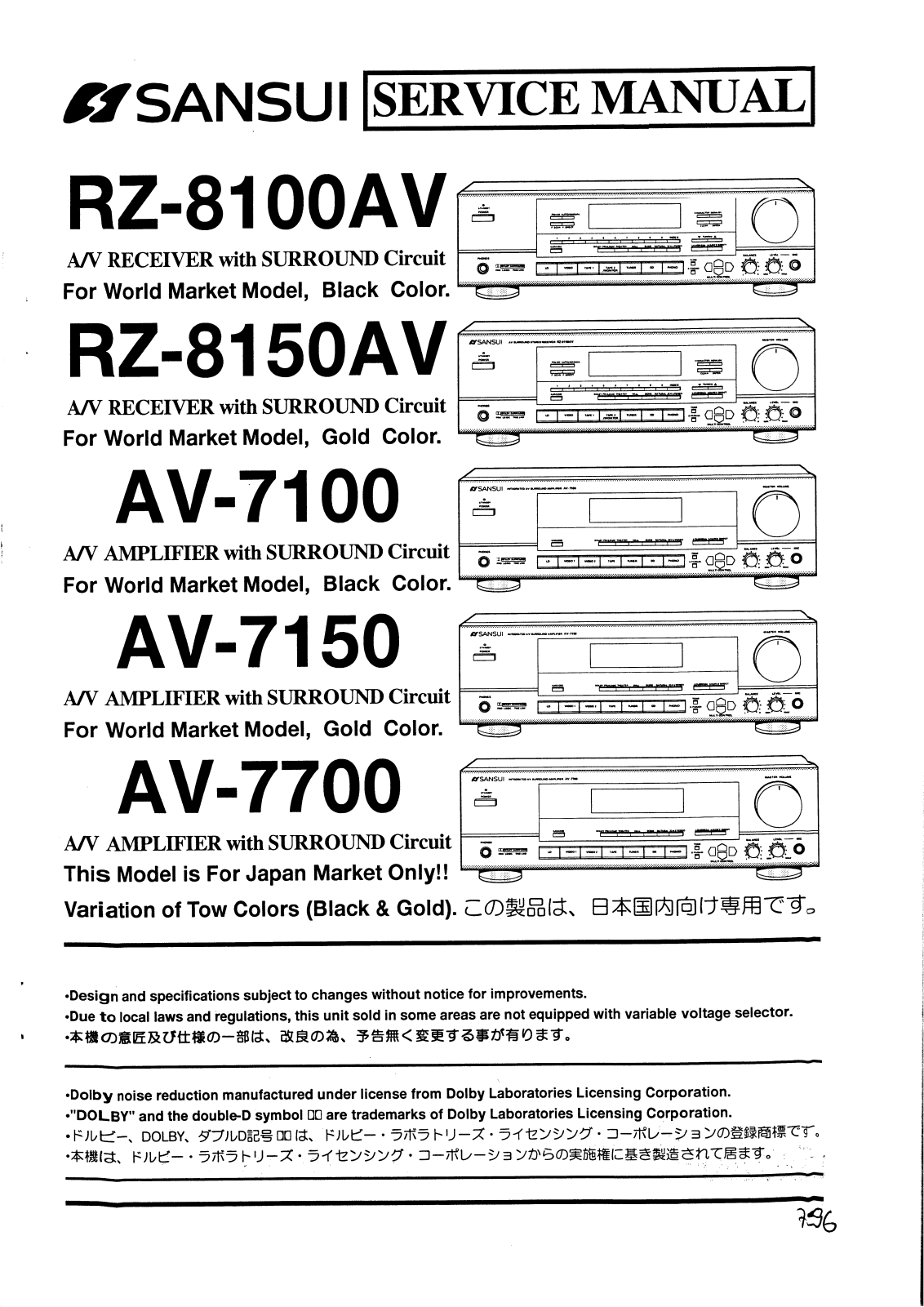 Sansui RZ-8150-AV, RZ-8100-AV, AV-7100, AV-7150, AV-7700 Service manual
