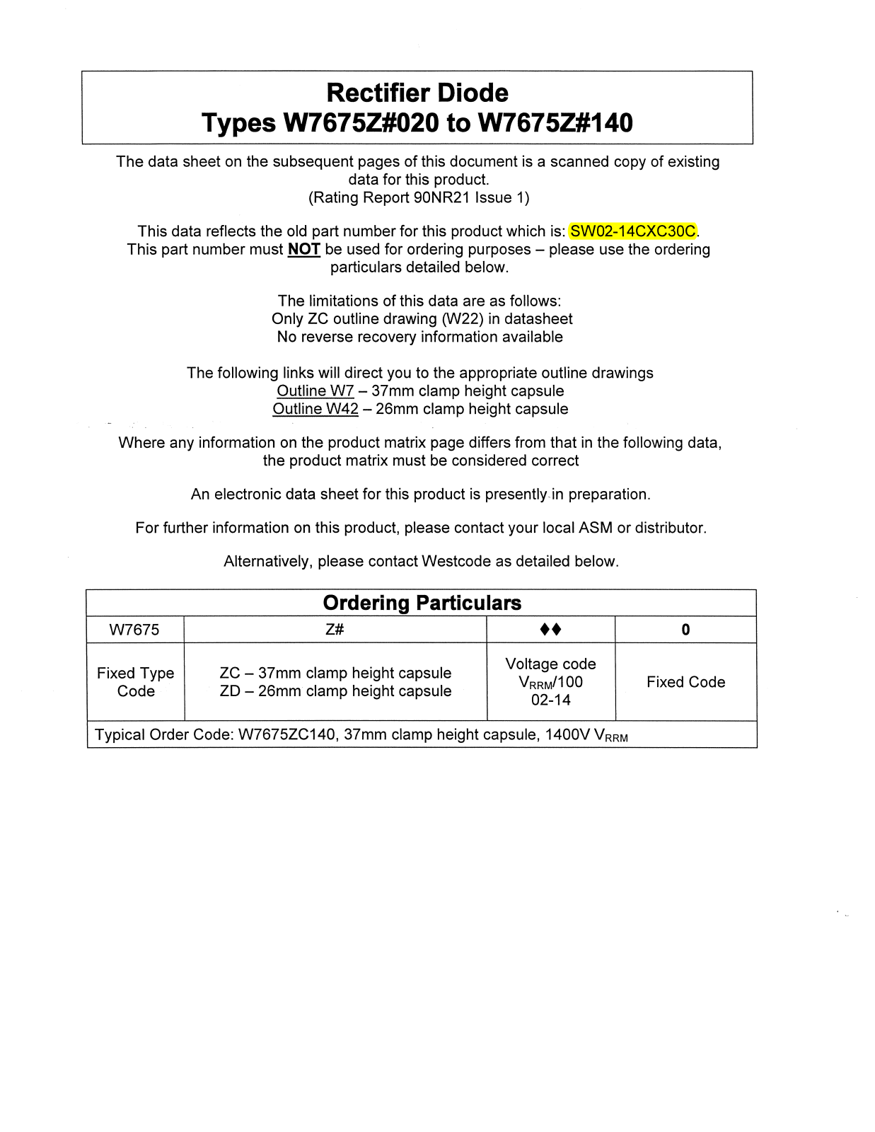 Datasheet W7675Z#020, W7675Z#140 Datasheet (Westcode Semiconductors) - ManualMachine.com