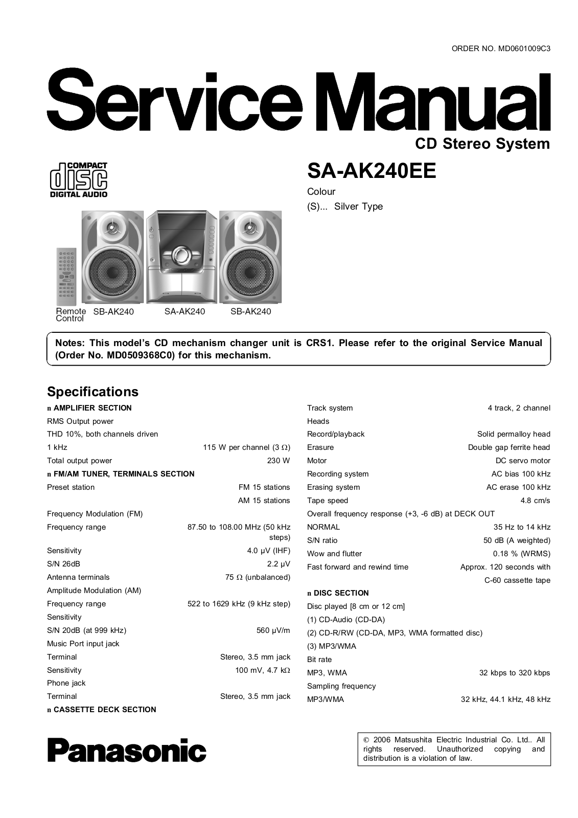 panasonic SA-AK240EE Service Manual