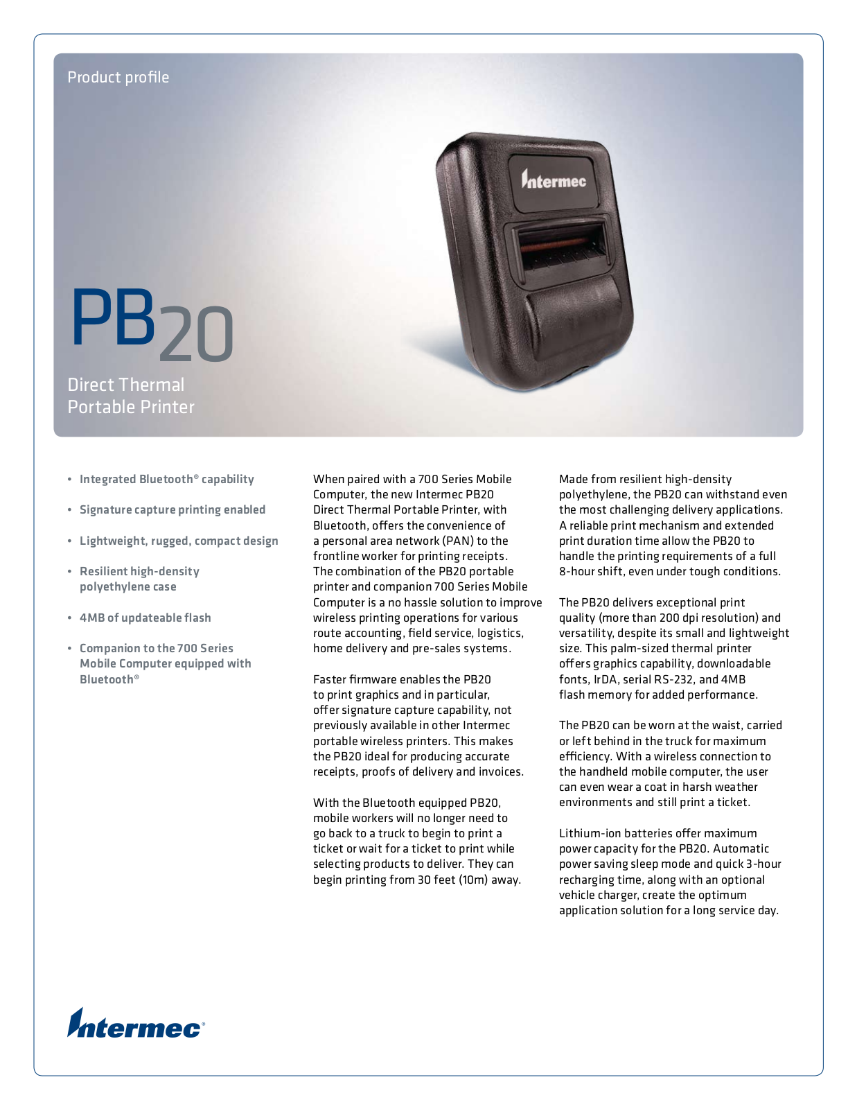 Intermec PB20B0B140 Product Data Sheet