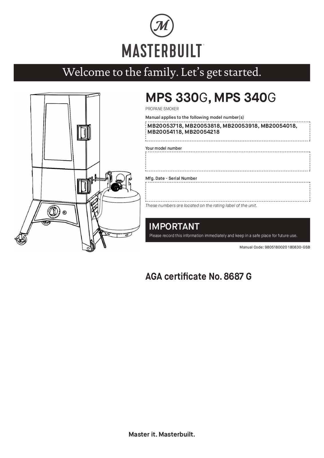 Masterbuilt MPS 330G, MPS 340G, MB20054018, MB20053718, MB20053818 User Manual