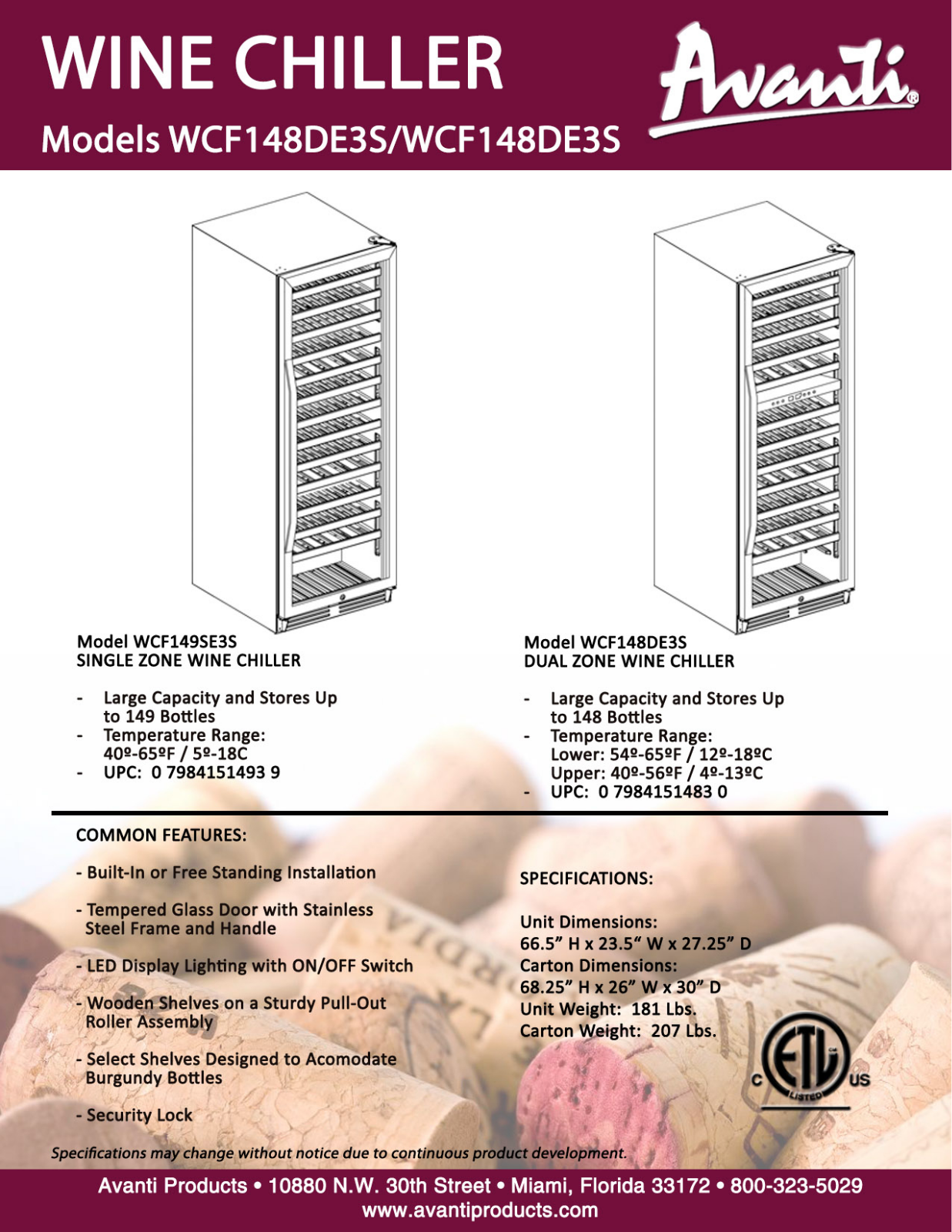 Avanti WCF148DE3S, WCF149SE3S Catalog Page