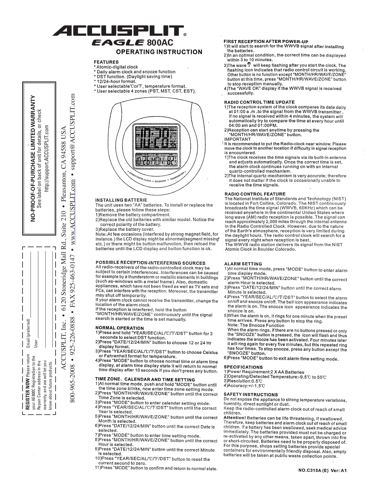 Accusplit AE800AC User Manual