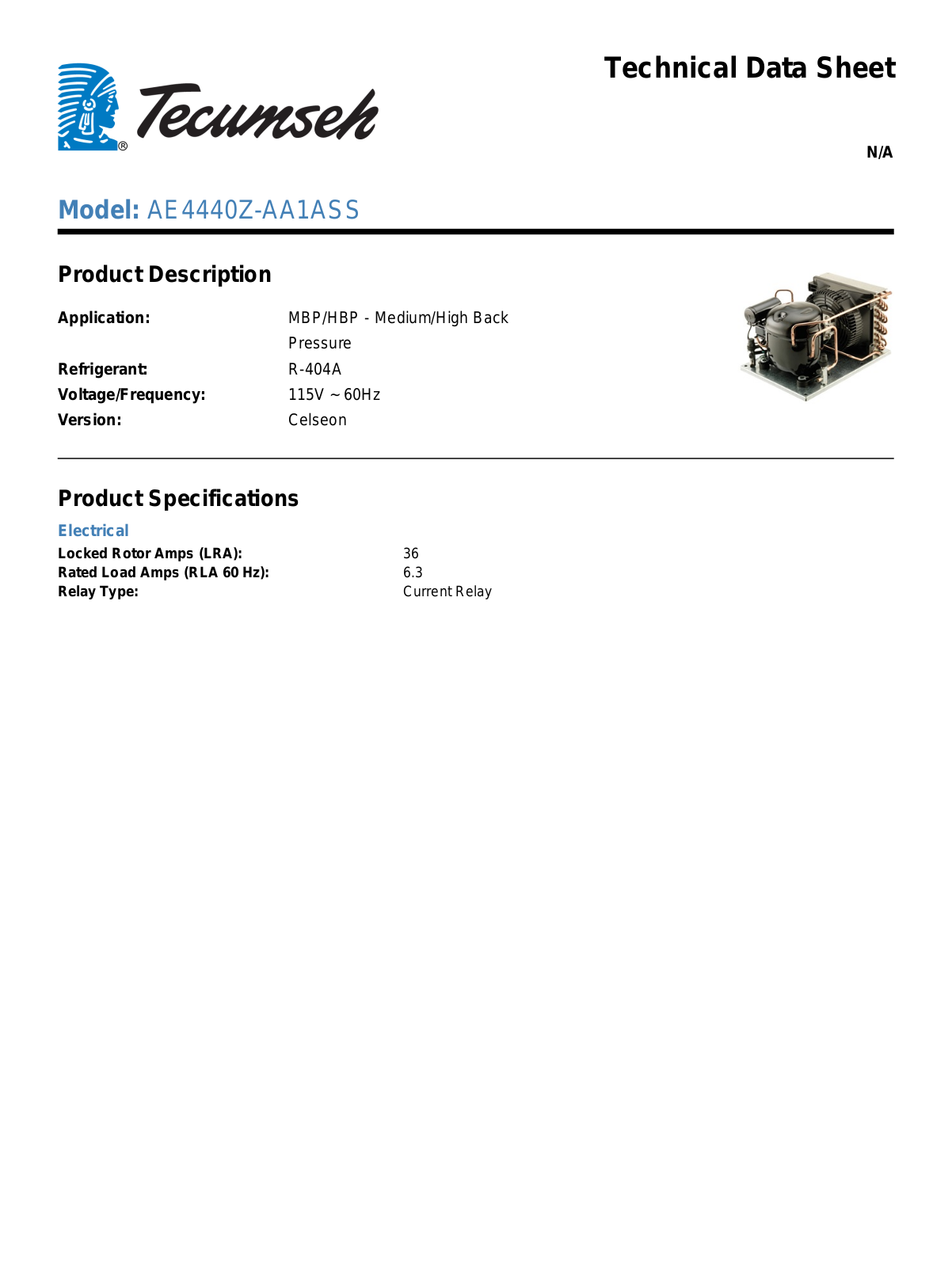 Tecumseh AE4440Z-AA1ASS Technical Data Sheet