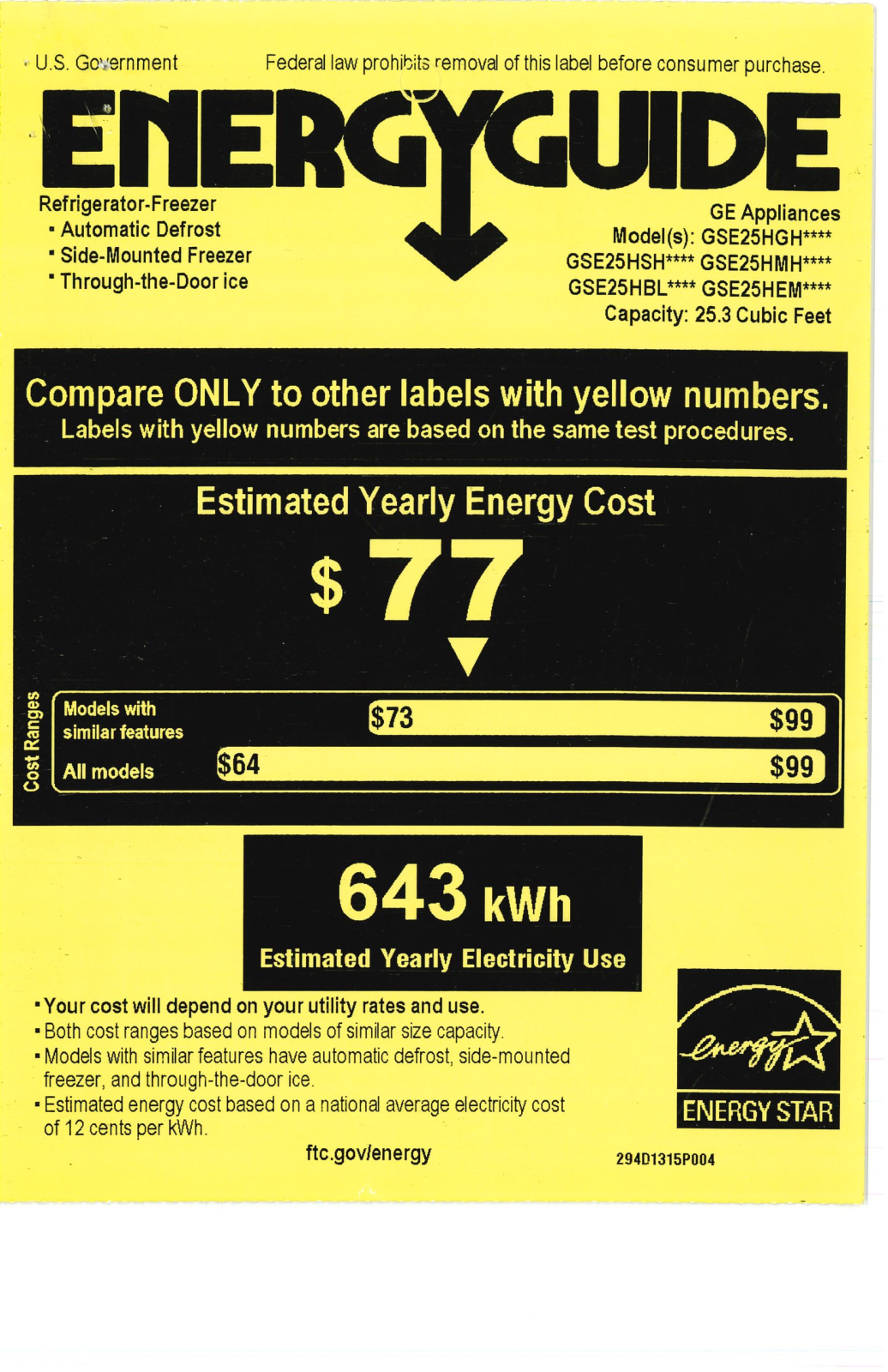 General Electric GSE25HEMDS Energy Guide