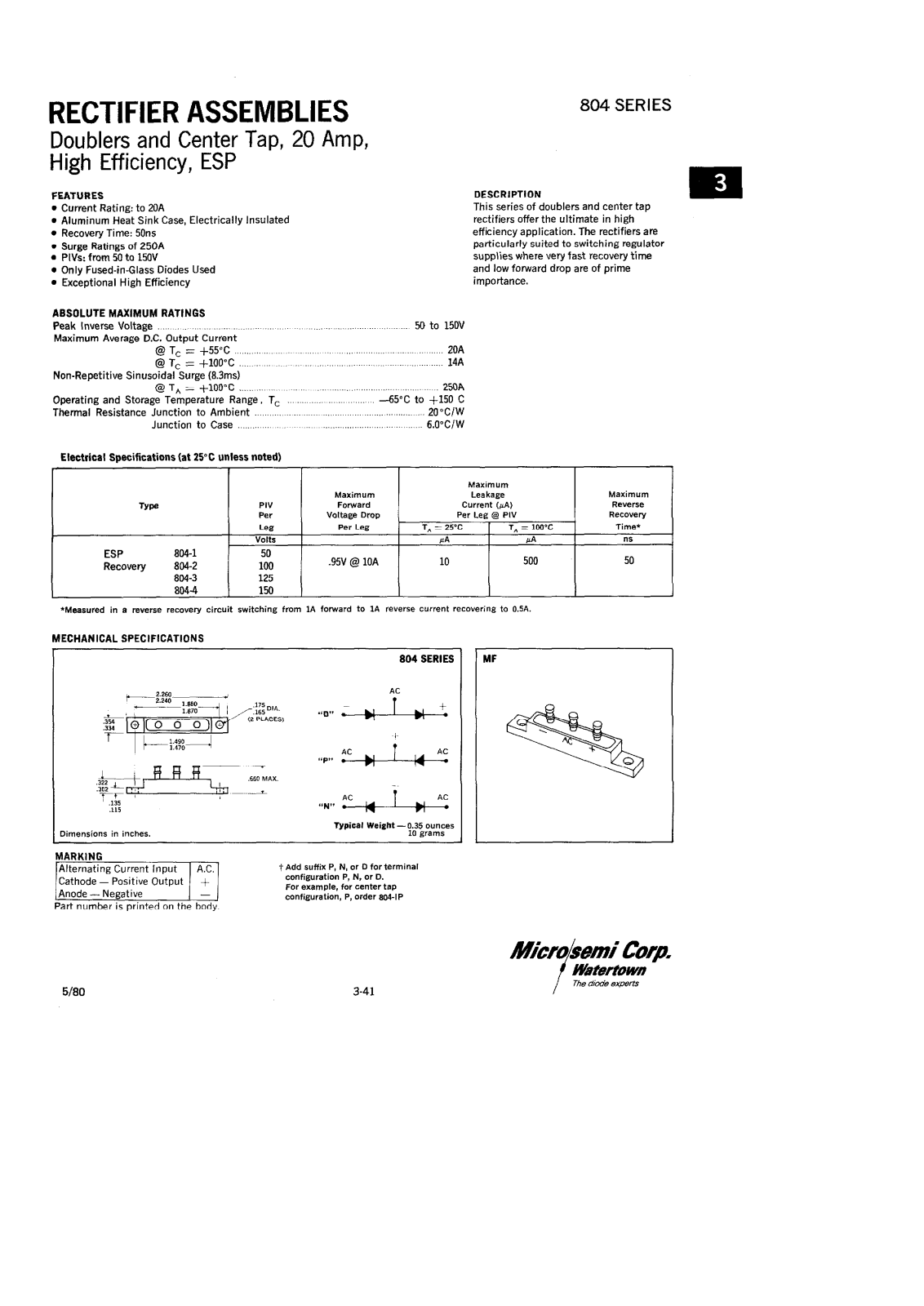 Microsemi Corporation 804-4D,4N,4P, 804-3D,3N,3P, 804-2D,2N,2P, 804-1D,1N,1P Datasheet