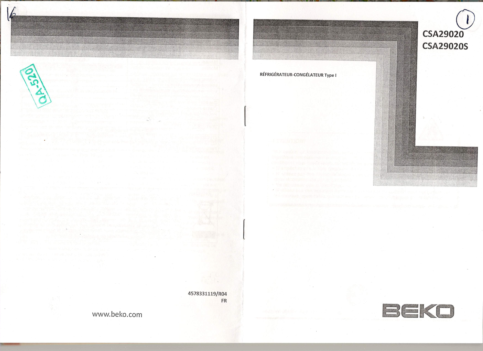 BEKO CSA29020 User Manual