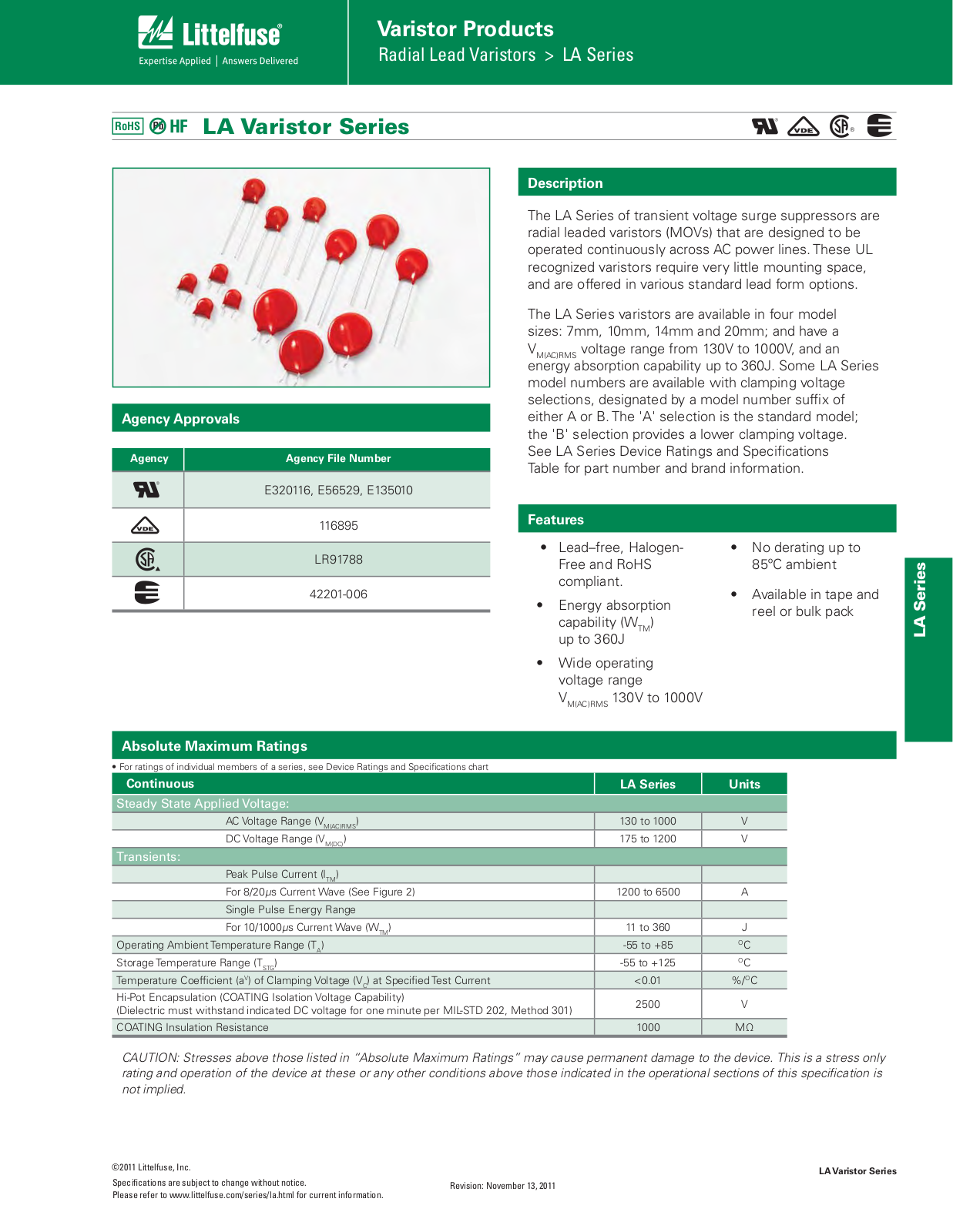 Littelfuse LA Series Catalog Page