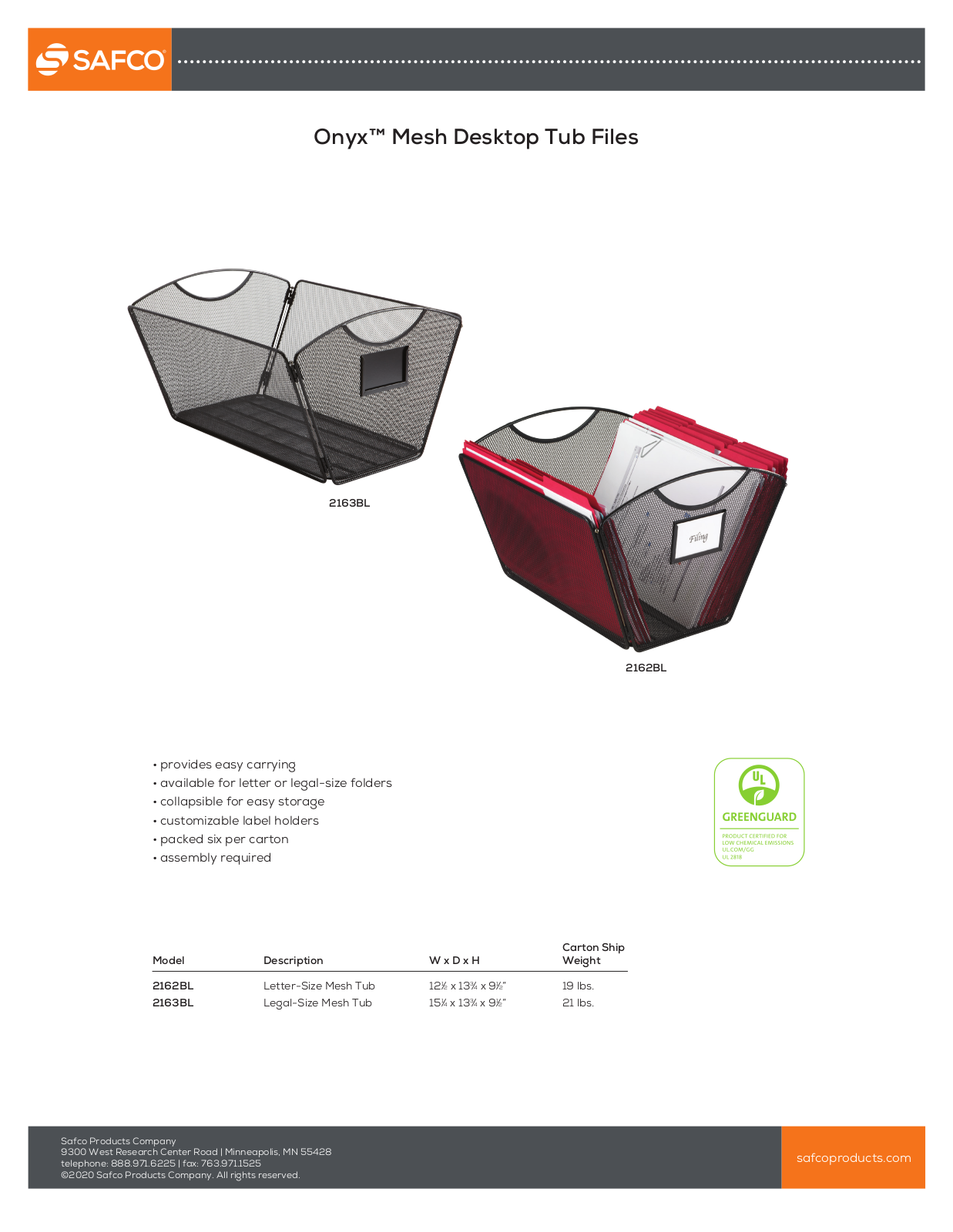 Safco 2163BL, 2162BL Specifications