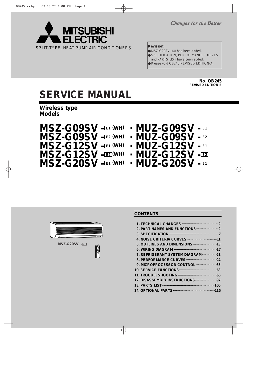 Mitsubishi MSZ-G09SV- E1, MSZ-G12SV- E1, MSZ-G09SV- E2, MSZ-G12SV- E2, MUZ-G09SV- E1 Service Manual