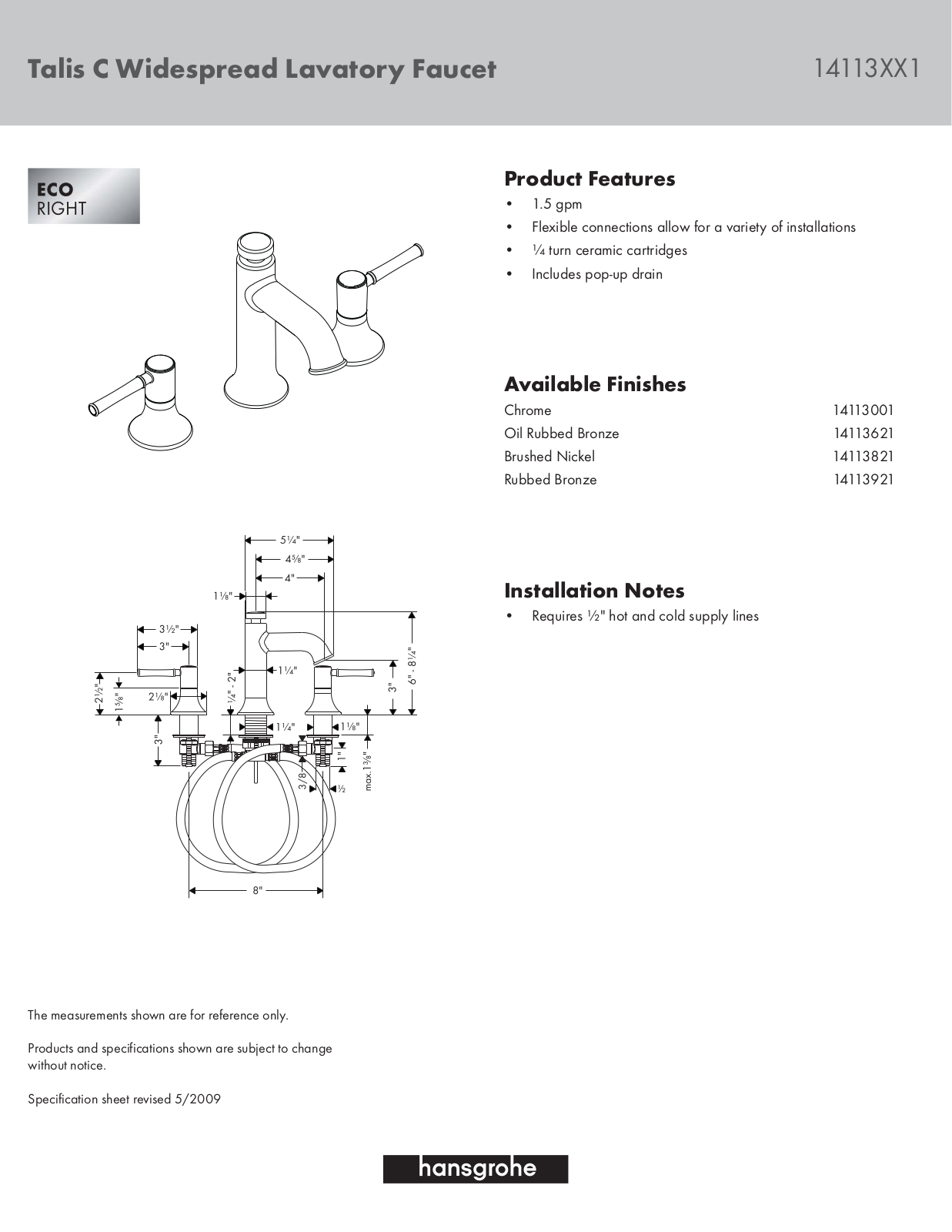 Hansgrohe 14113001 Specs