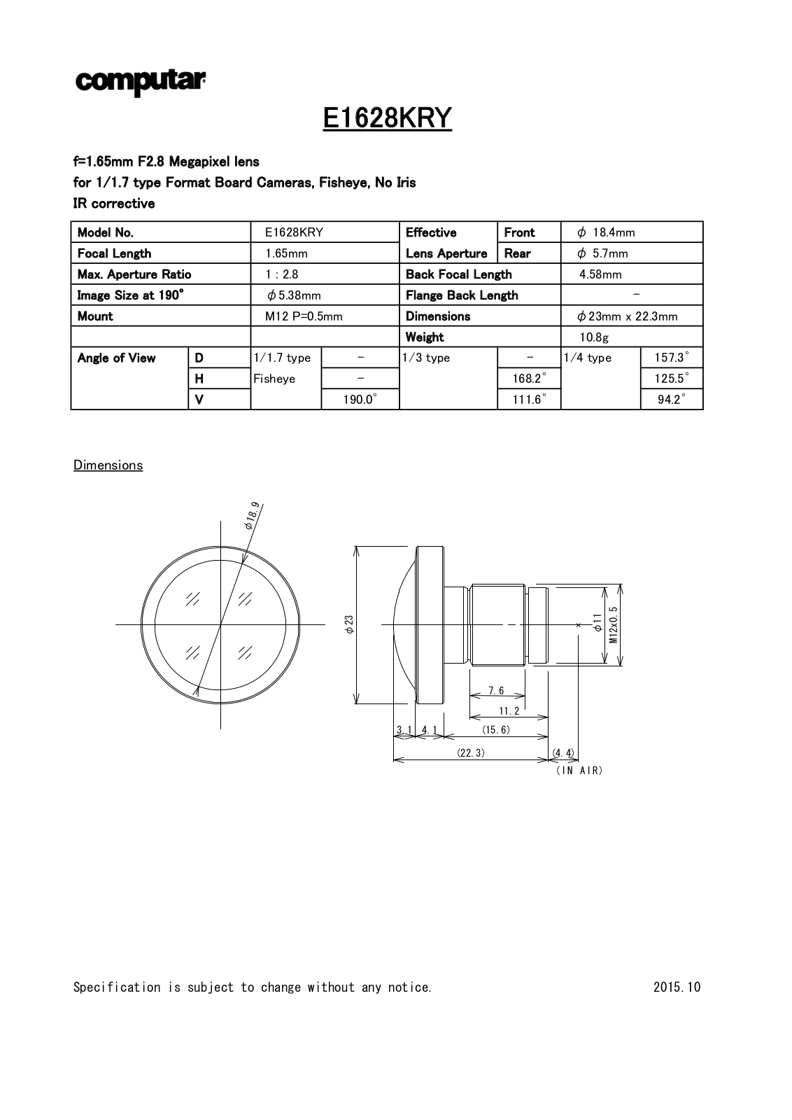 Computar E1628KRY Specsheet