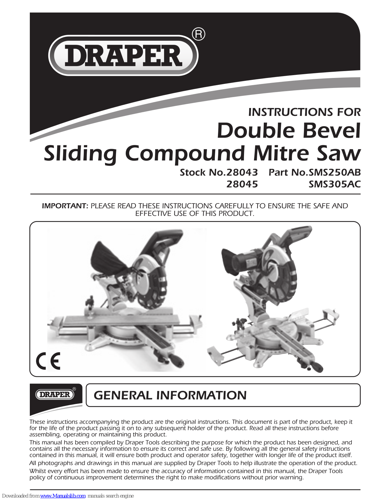 Draper SMS250AB, SMS305AC Instructions Manual - ManualMachine.com