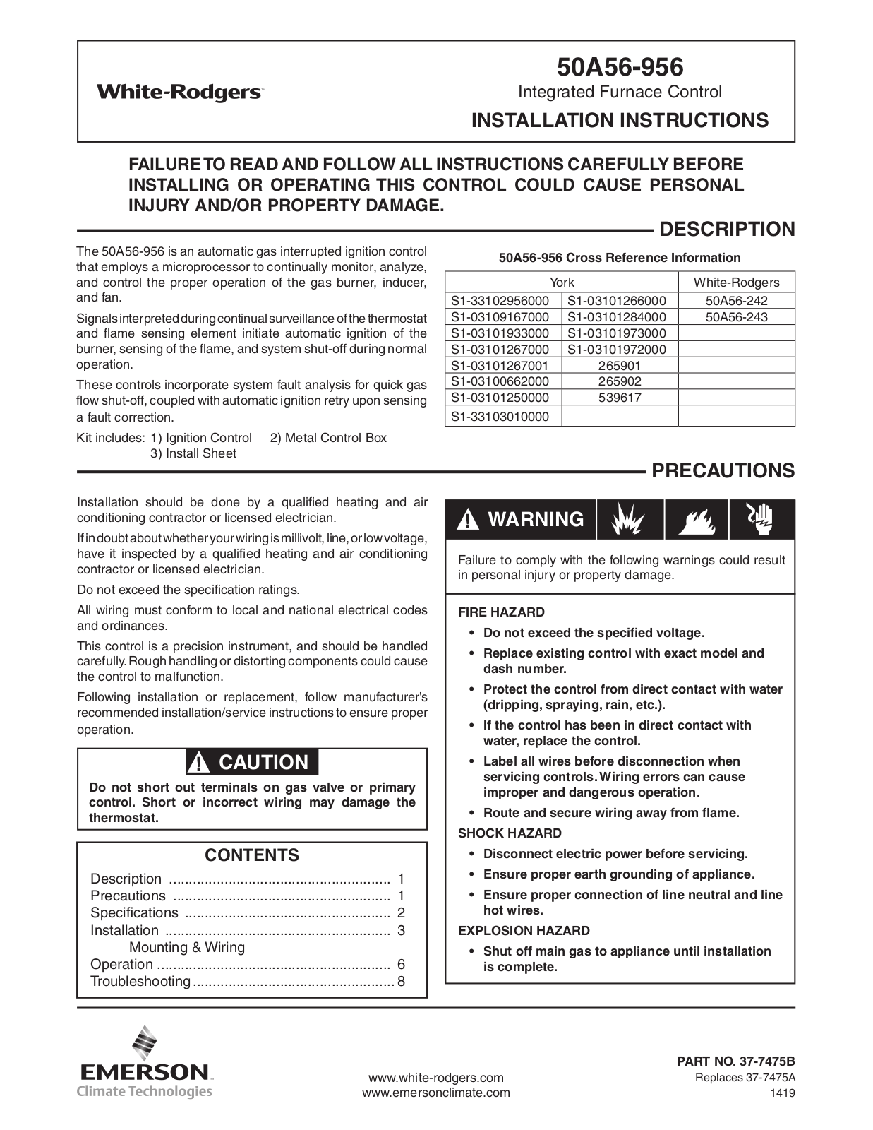 White Rodgers 50A56-956 Installation Instructions