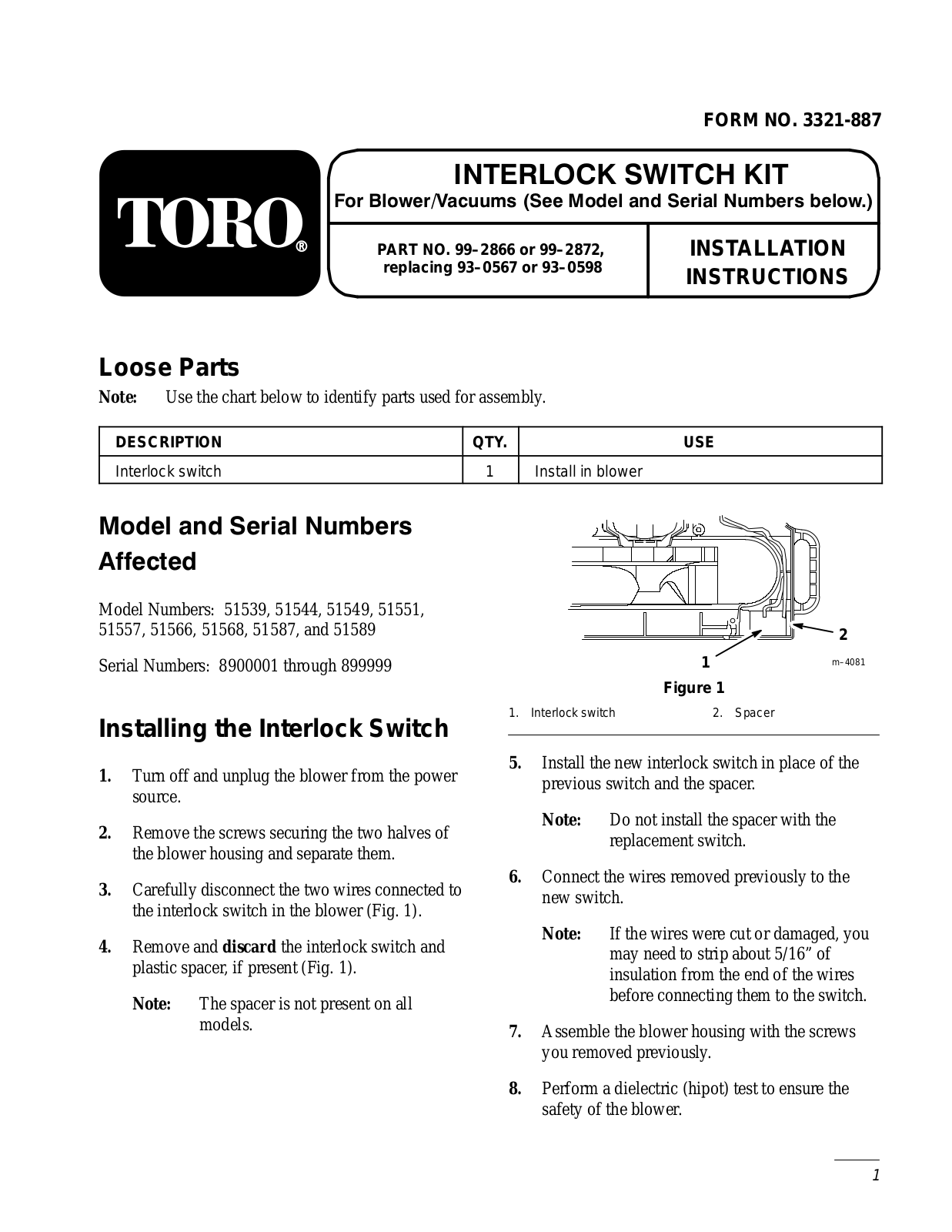 Toro 99-2866 Installation Instructions