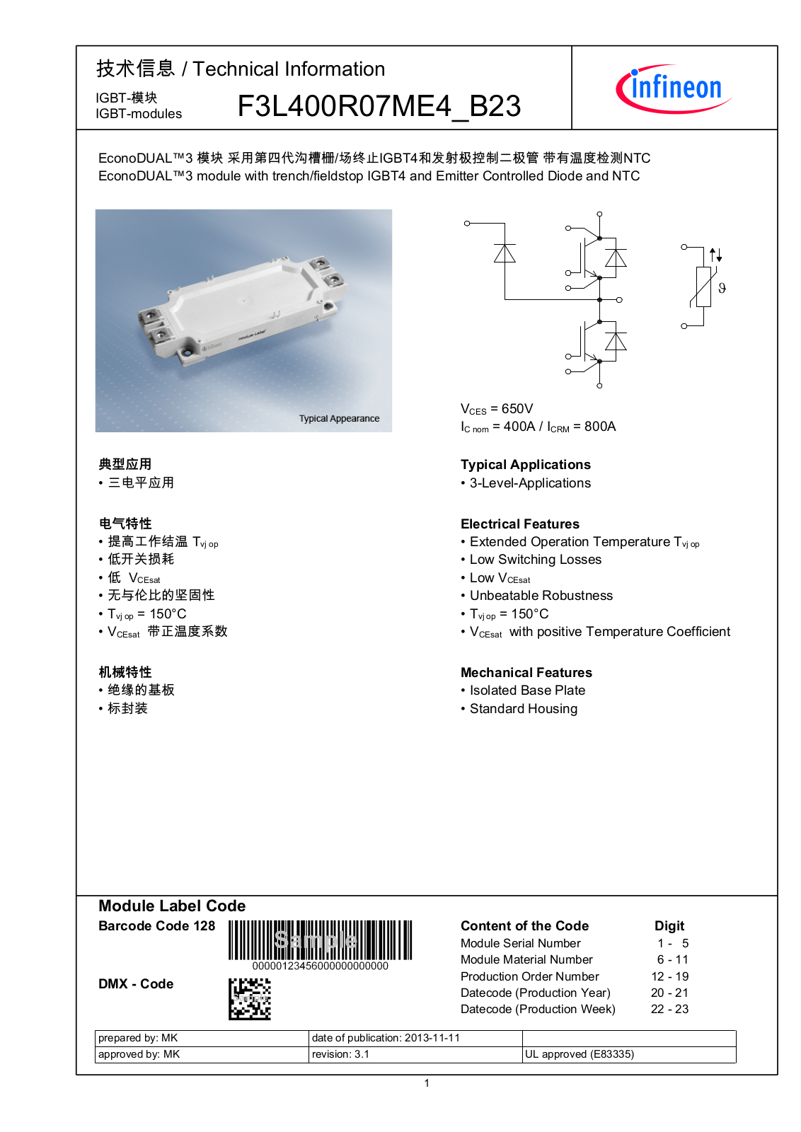 Infineon F3L400R07ME4-B23 Data Sheet