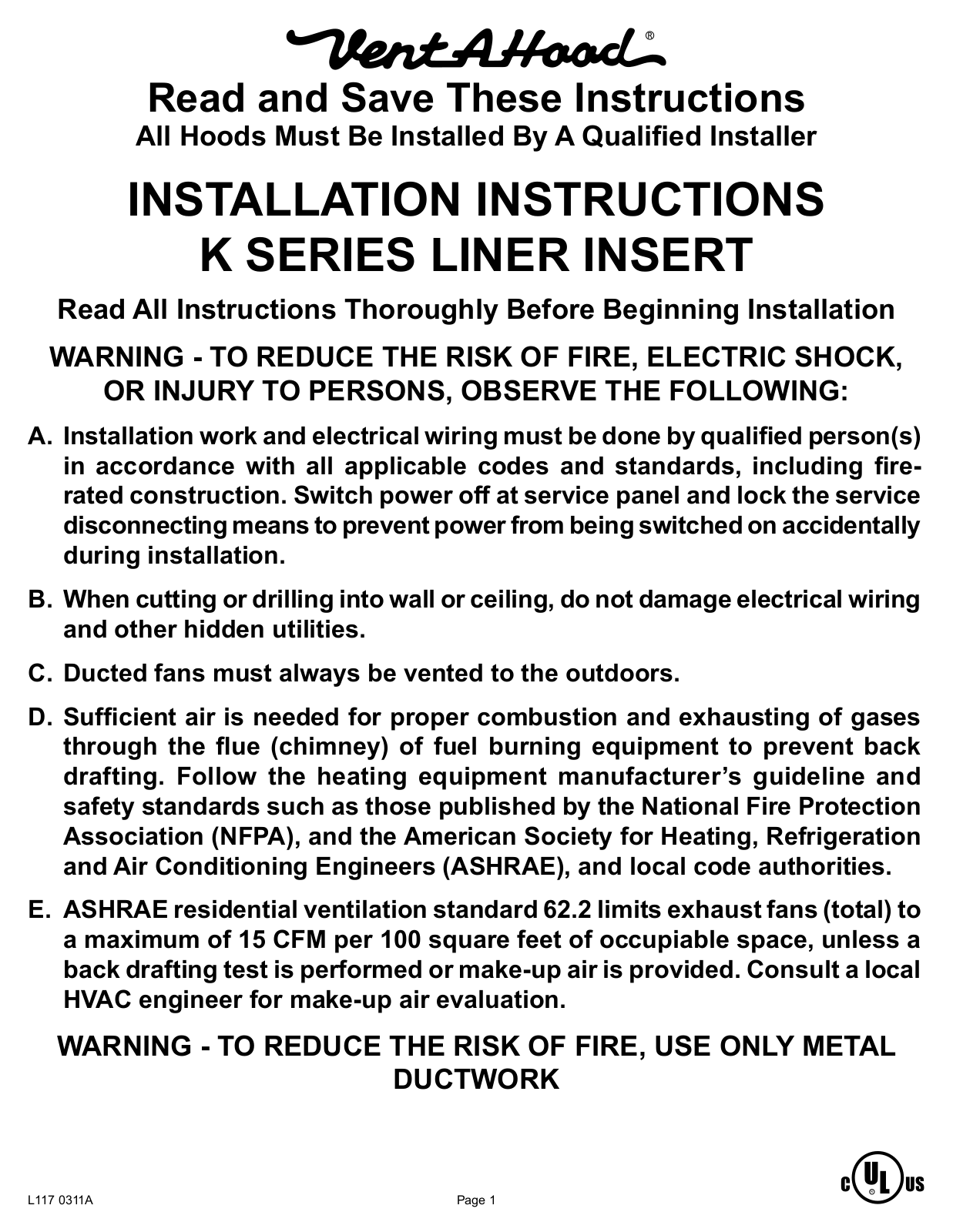 Vent-A-Hood KH40SLDSS Installation Manual