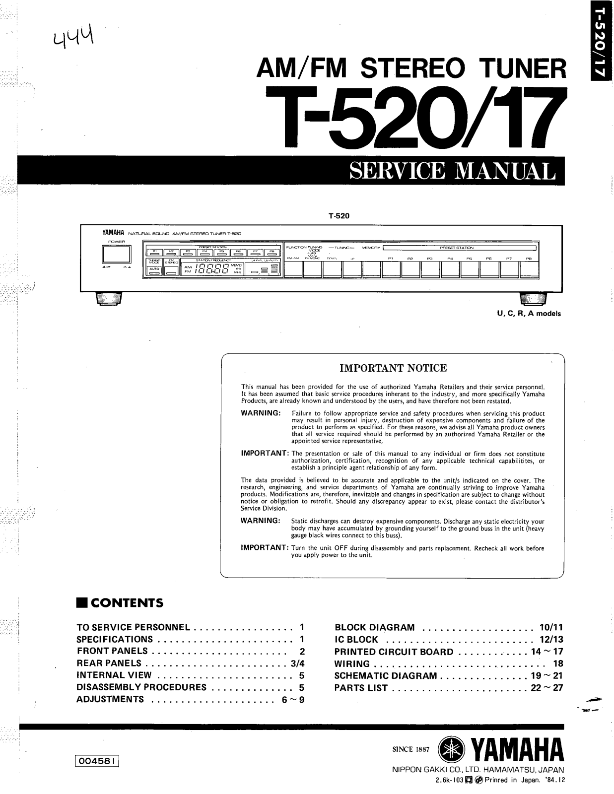Yamaha T-520 Service Manual