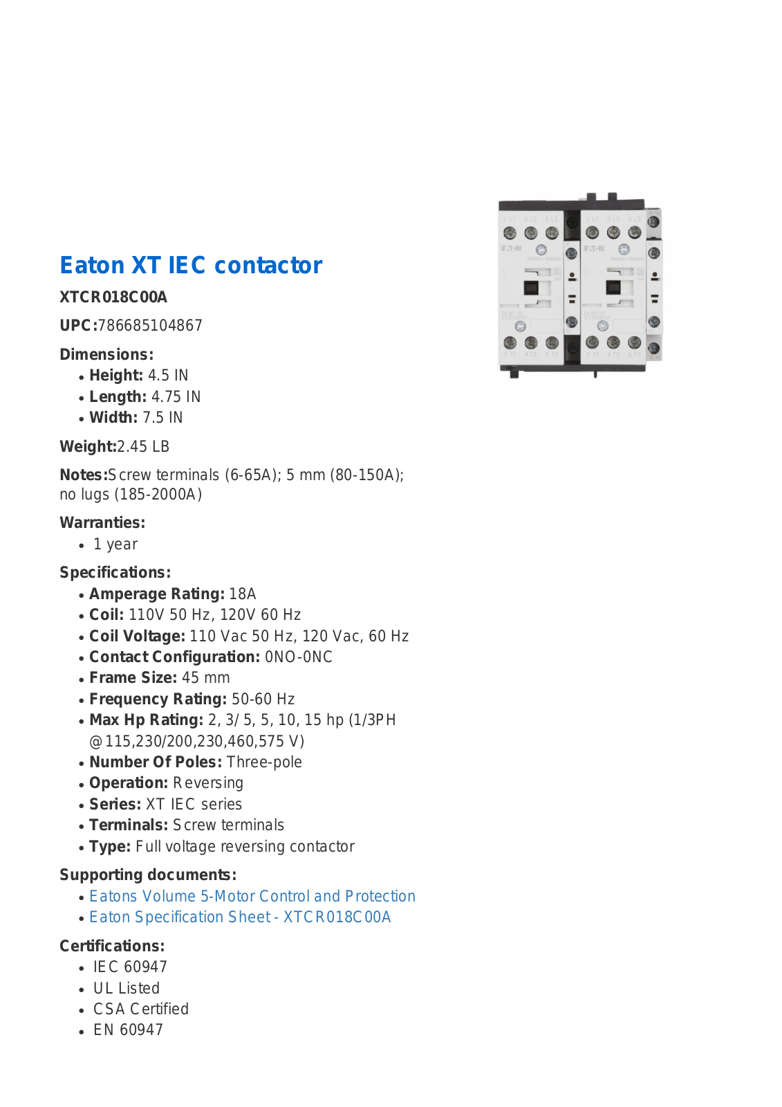 Cutler Hammer, Div of Eaton Corp XTCR018C00A Data Sheet