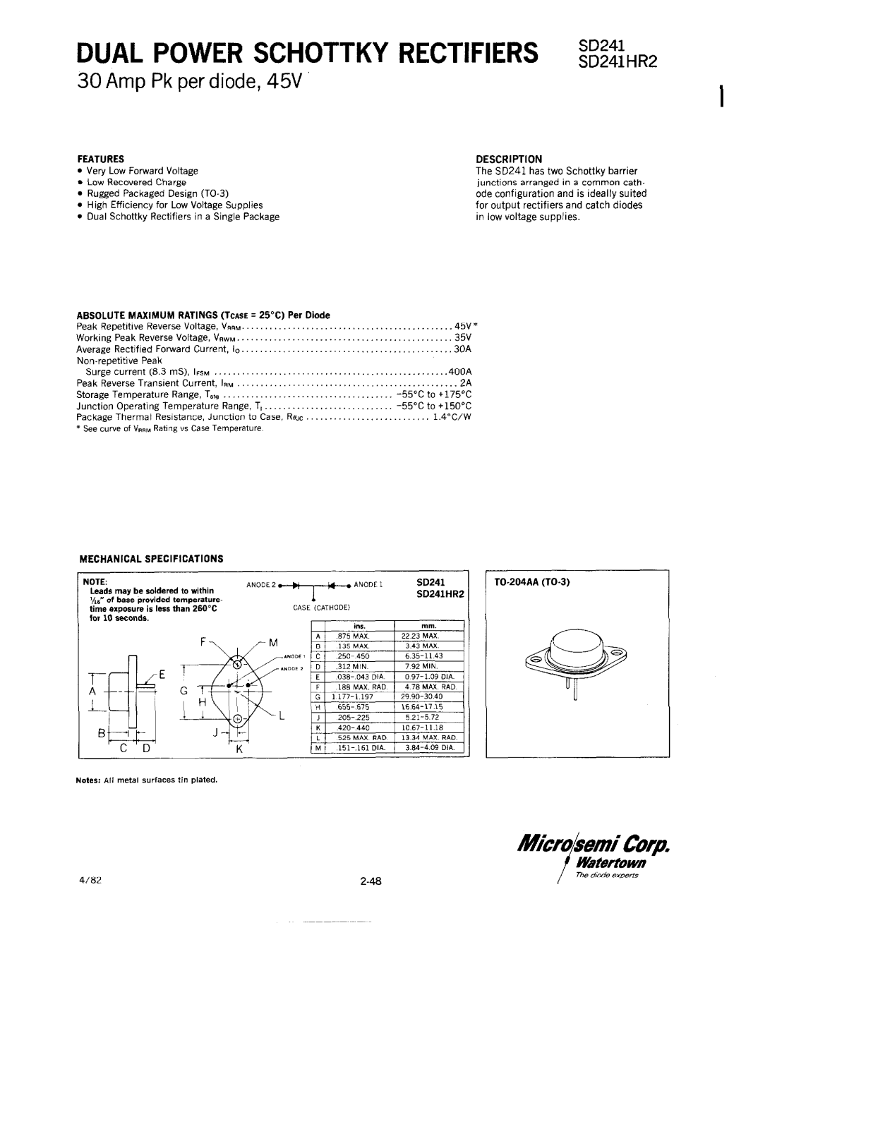 Microsemi Corporation SD241HR2 Datasheet