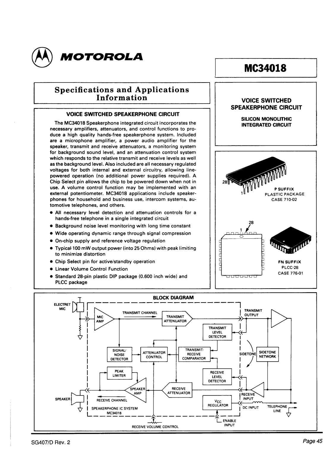 Motorola MC34018FN, MC34018P Datasheet