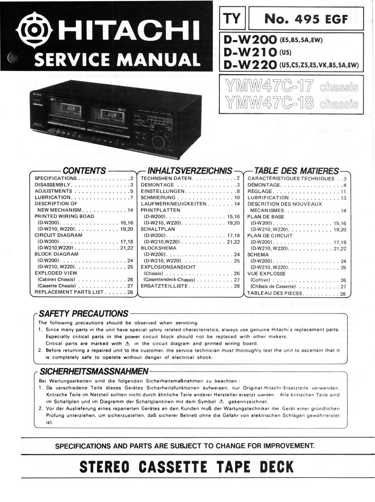 Hitachi DW-220, DW-210, DW-200 Schematic